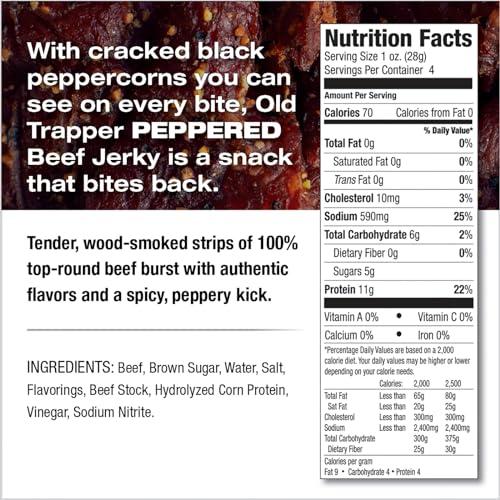 Old Trapper Old Trapper Beef Jerky, Peppered 1/4-Pound Individual Package, Spicy Meat Snacks for Lunches or Between Meals, 11 Grams of Protein, Zero Grams of Fat, 70 Calories per Serving (Pack of 8)