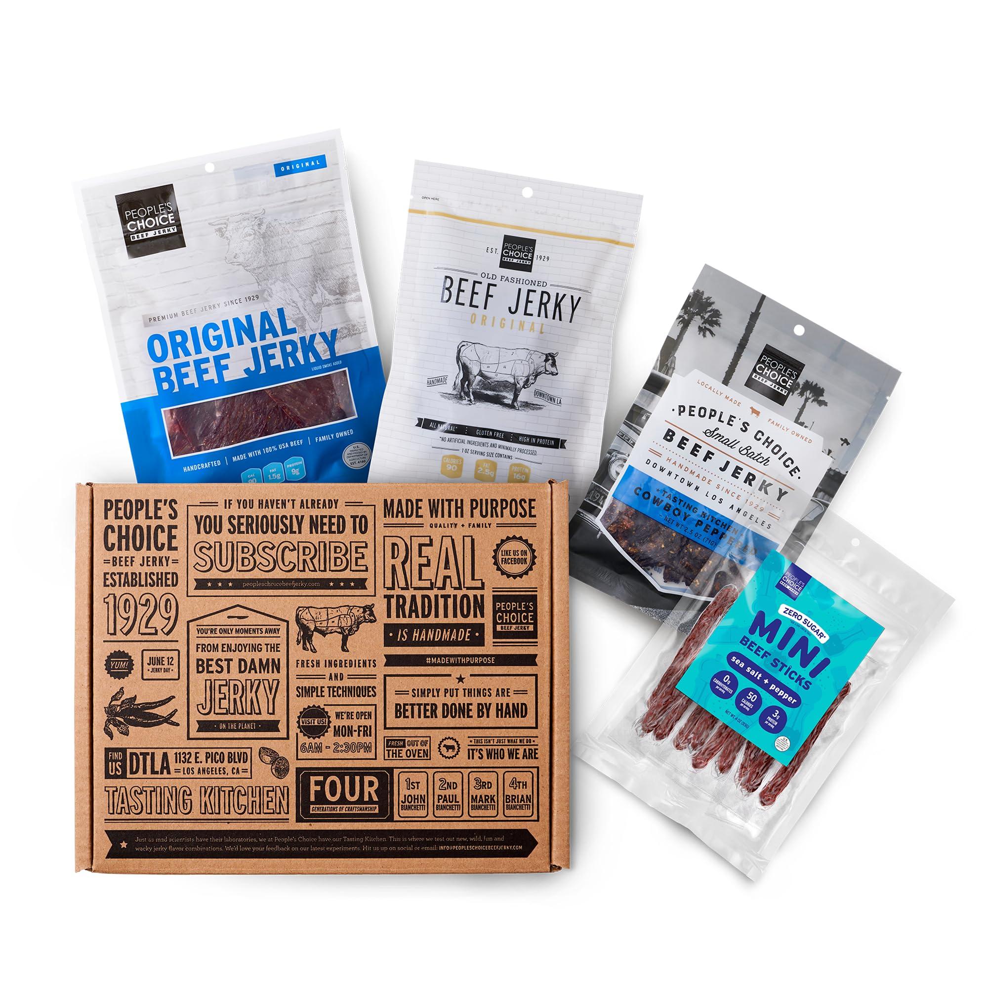 People's Choice Beef Jerky People\'s Choice Beef Jerky - Jerky Box - Simple & Savory - Dad Gift for Men - Protein Snacks Military Care Package - Christmas Presents for Men - Meat Snack Sampler Gift Basket - 4 Bags