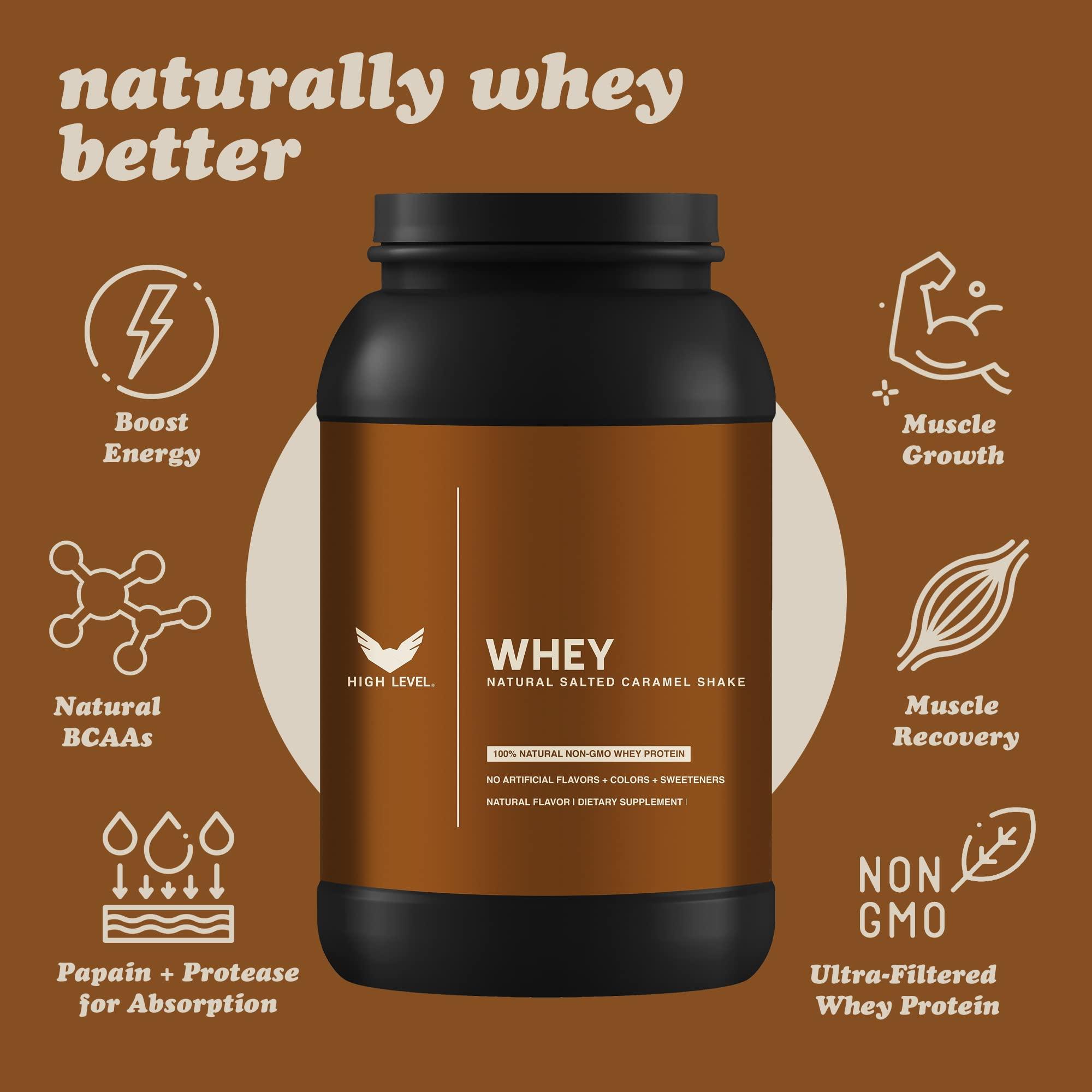 High Level High Level Whey Protein Powder - Natural, 24g Protein, 2 lb, Salted Caramel Shake Sweetened with Stevia, Ultra-Filtered, Non-GMO, Includes Digestive Enzymes, No Artificial Additives, Made in USA