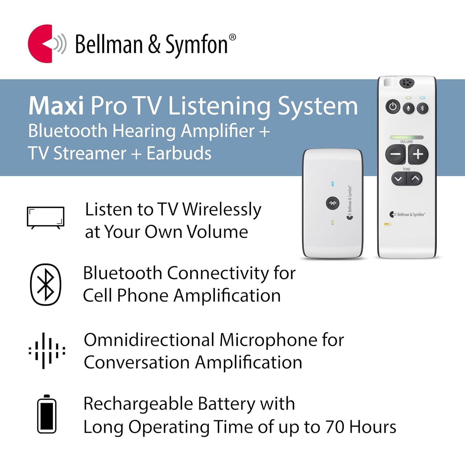 Bellman & Symfon Bellman & Symfon Maxi Pro Bluetooth Hearing Amplifier System with Headphones and Earbuds - 3-IN-1 Digital Sound Amplifier TV Listening with TV Streamer - Wireless Cell Phone Amplifier - Rechargeable