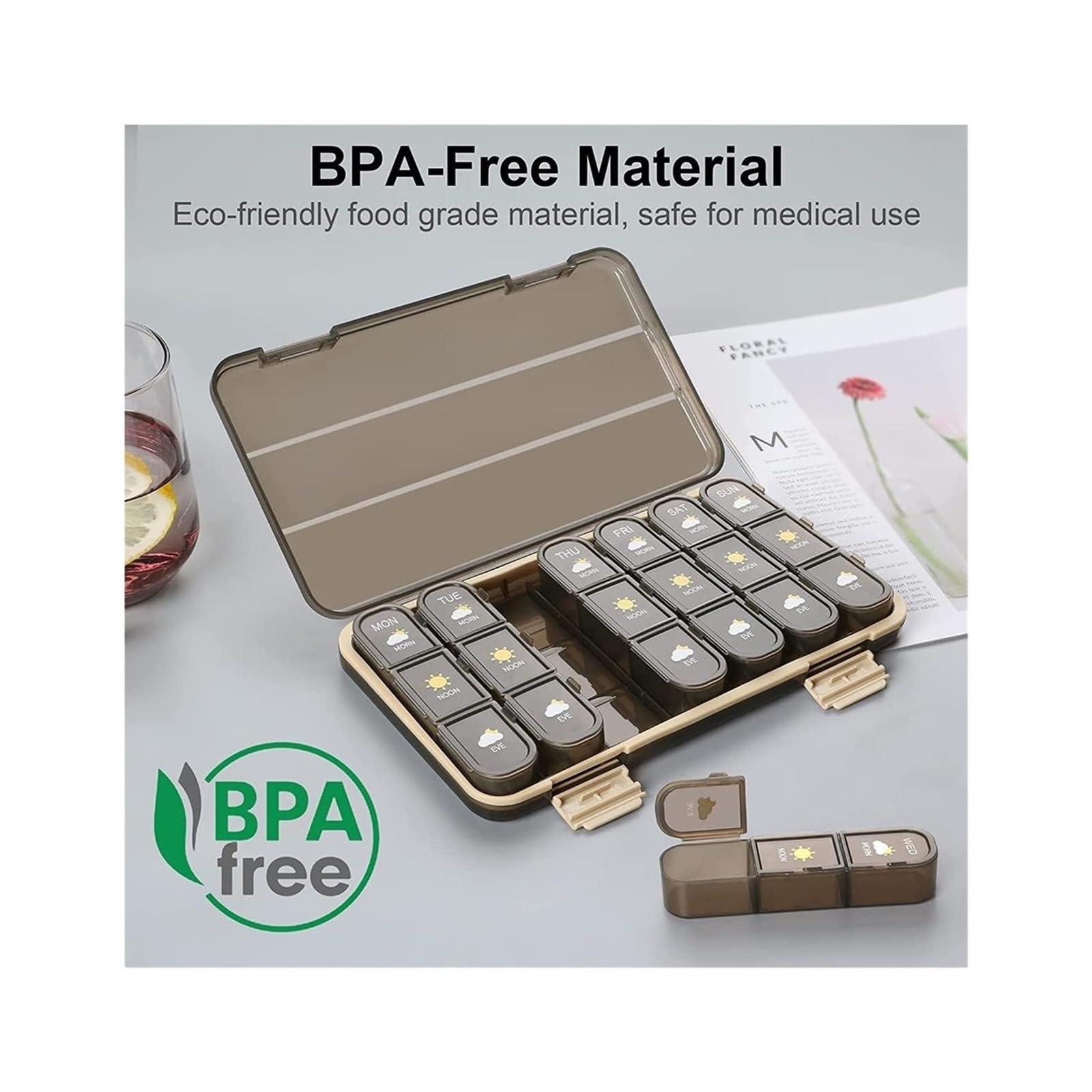 SNIME Pill Dispenser Pill Organizer,Travel Pill Box 7 Day, Airtight Pill Case Waterproof Moisture Proof, BPA Free, Easy Open (Size : 21 grids-Brown)