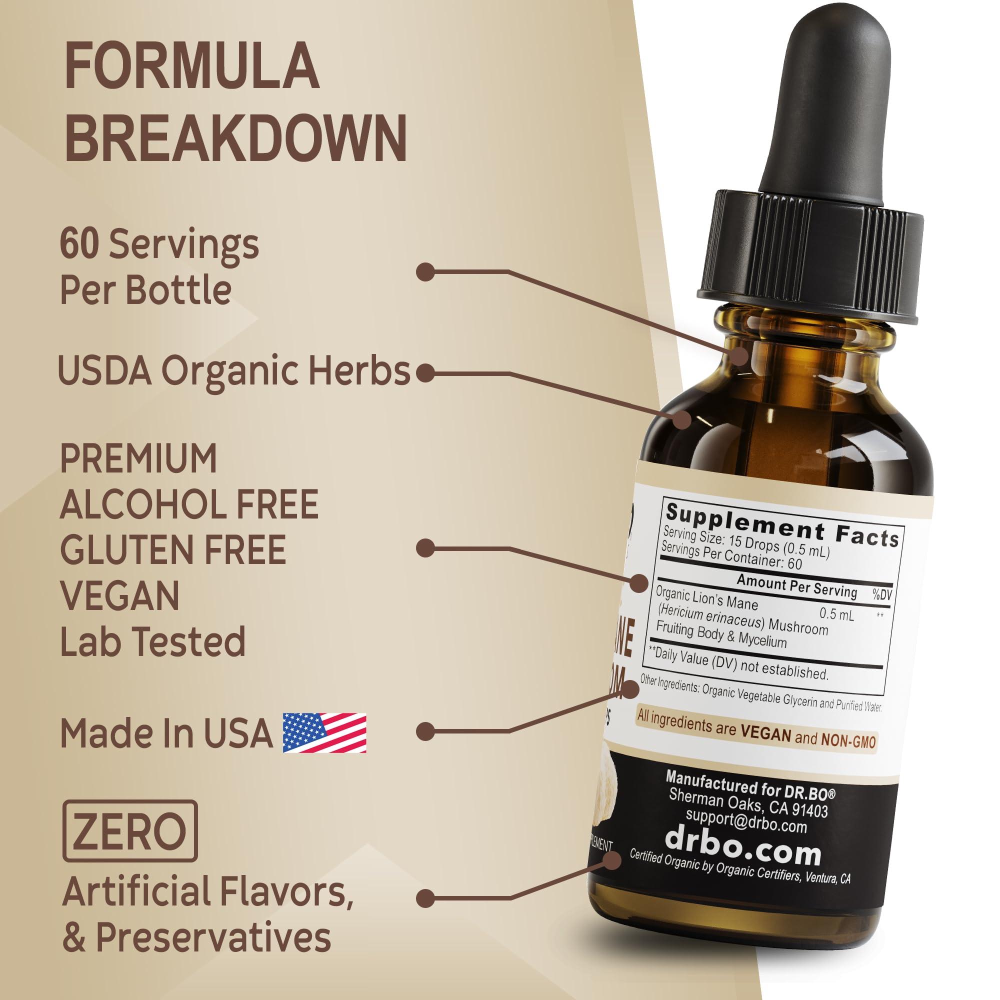 DR. BO Lions Mane Mushroom Supplement Drops - Organic Lion\'s Mane Mushroom Liquid Tincture for Focus, Fog Brain Health Supplements - Vegan Herbal Nervine Nootropic Organic Lions Liquid Supplement Extract 1oz