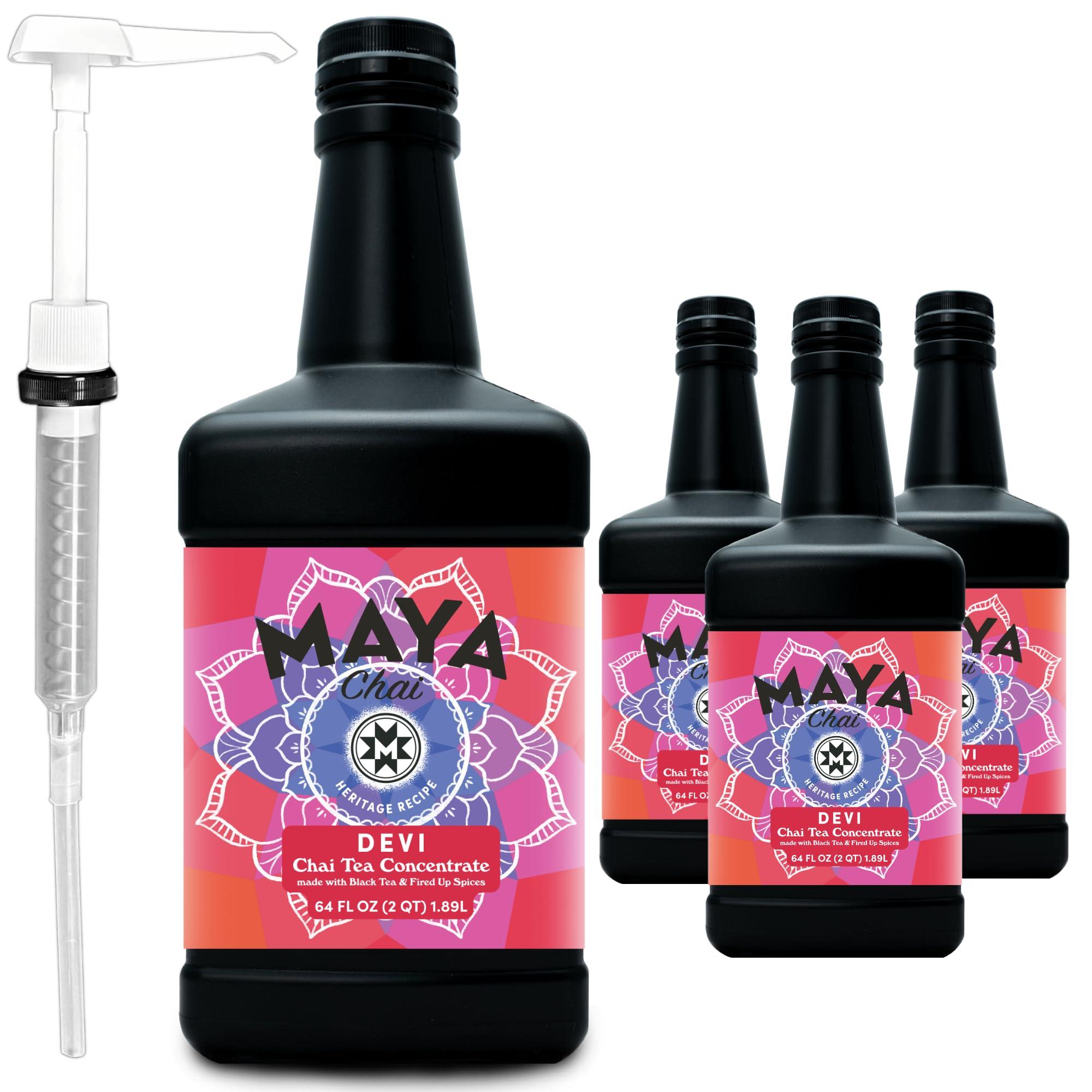 Maya Tea Maya Chai Tea Concentrate, Devi, Extra Spice, Heritage Recipe, 64 Fl Oz, Pack of 4 with 1 Pump