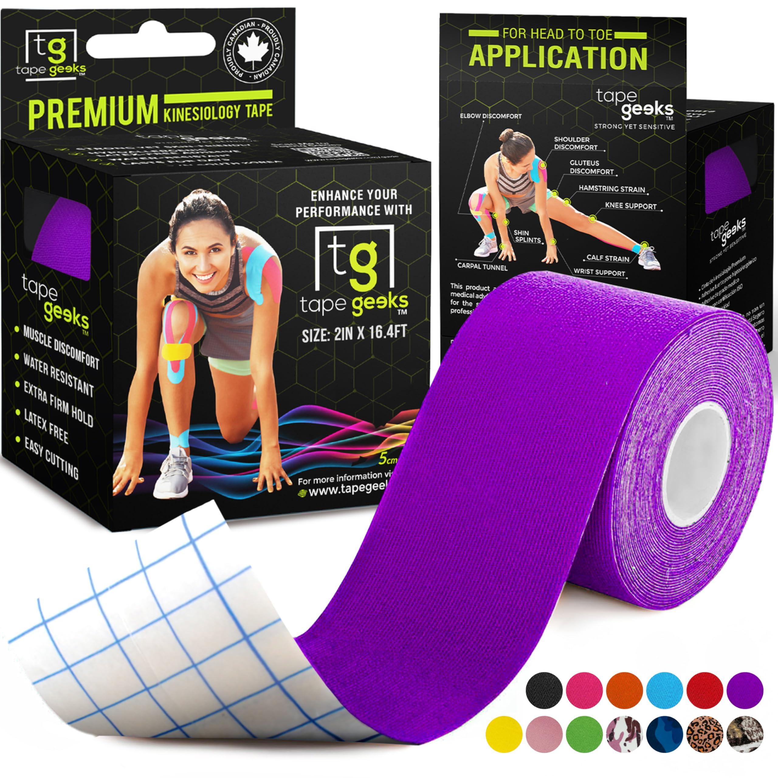 TapeGeeks TapeGeeks Kinesiology Tape Purple Tape - Hypoallergenic Sports Tape Athletic, Exercise Tape, Body Tape for Skin, Weight Lifting Tape, Wrist Pain Relief, Running Tape, Gym Tape, Volleyball Tape