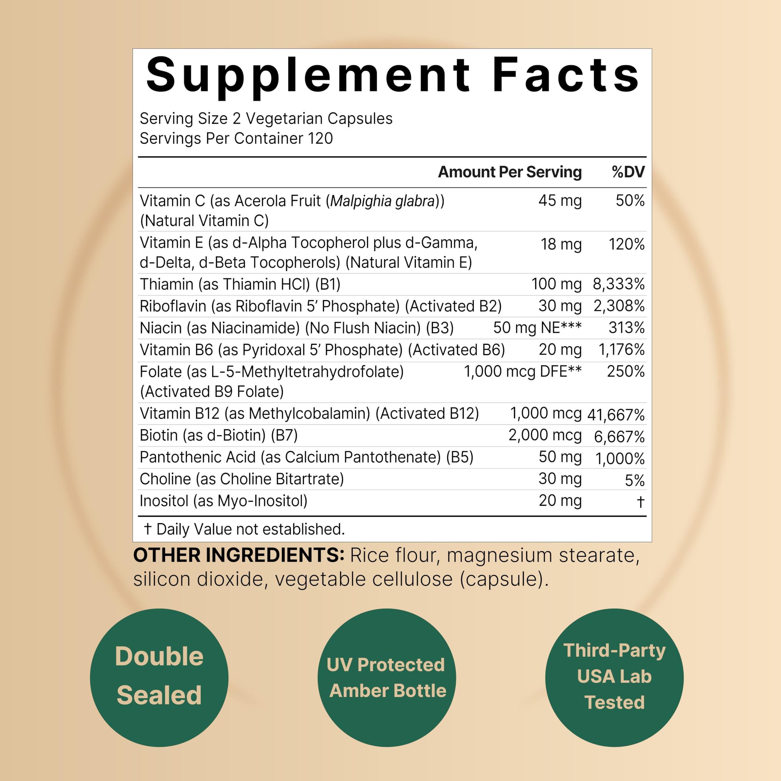 NatureBell Methylated B Complex Vitamins, 240 Veggie Capsules | Multivitamin B Complex | B12, Folate, Biotin & More  with Natural Vitamin C, E, Choline & Inositol  Immune, Energy, & Prenatal Support