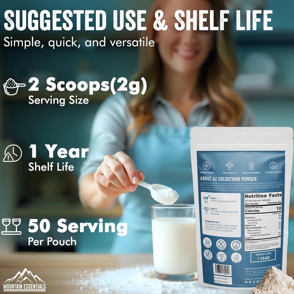 MOUNTAIN ESSENTIALS Freeze Dried A2 Colostrum Powder 3.5 Oz Bovine Grass Fed, Gluten Free, Non-GMO, Sugar Free with 1 Year Shelf Life 50 Servings | Dietary Supplement Immune Support, Gut Health, Muscle Recovery 1 Pack