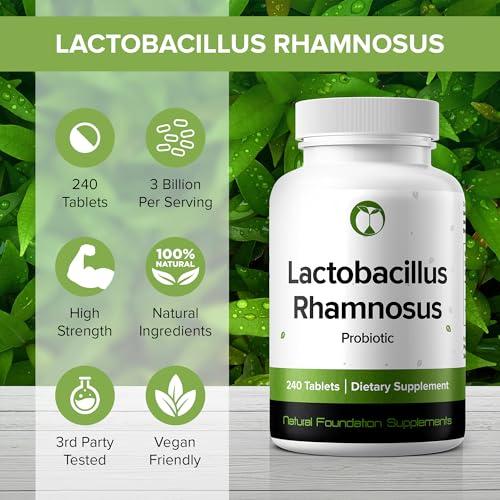 Natural Foundation Supplements Lactobacillus Rhamnosus Probiotic Supplement 240 Tablets 3 Billion CFU Probiotics for Men & Women Supports Intestinal Digestive & Gut Health Made in The USA (240, Lactobacillus Rhamnosus)