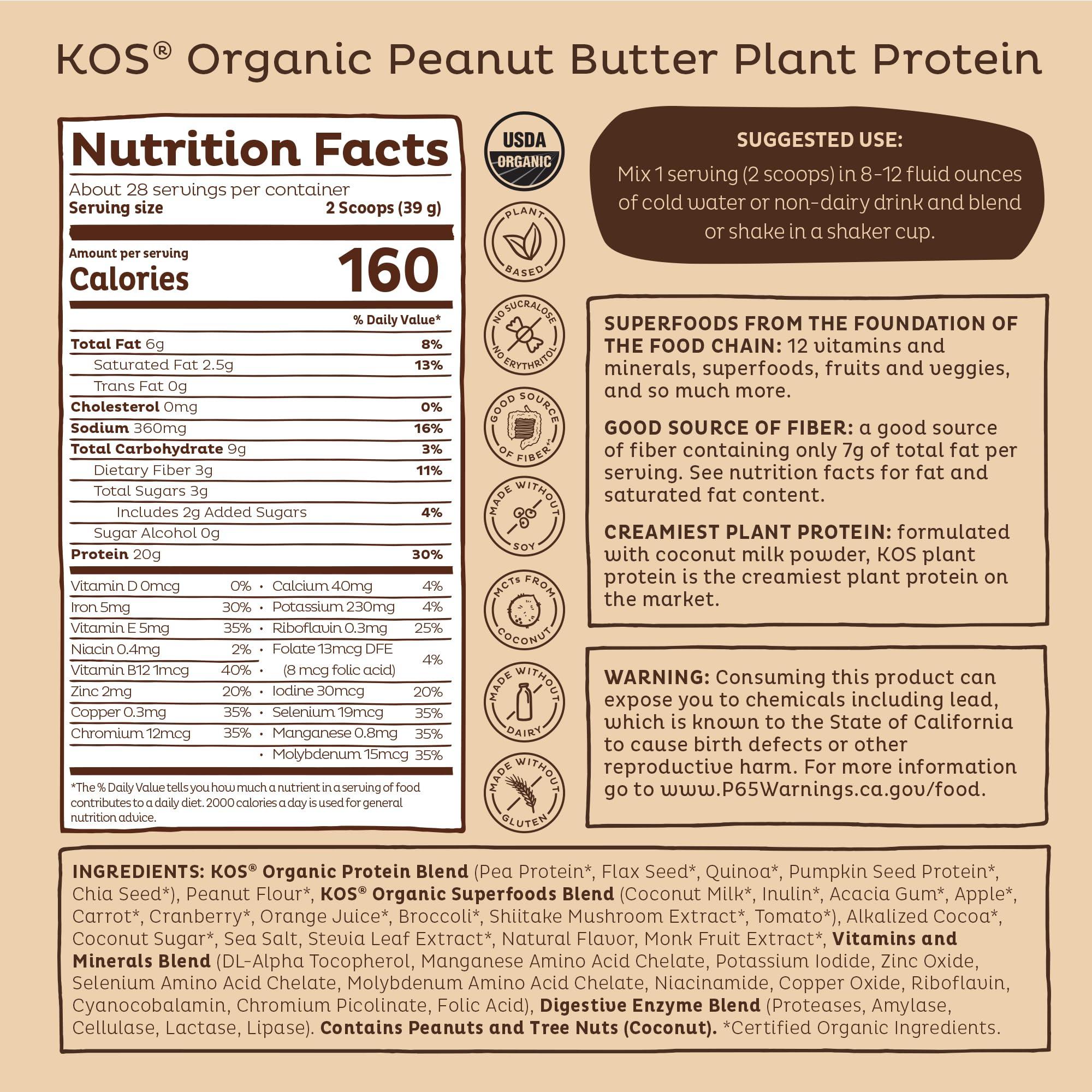 KOS KOS Organic Plant Based Protein Powder, Chocolate Peanut Butter - Delicious Vegan Protein Powder Meal Replacement - Keto Friendly, Gluten Free, Dairy Free & Soy Free - 2.4 lbs, 28 Servings