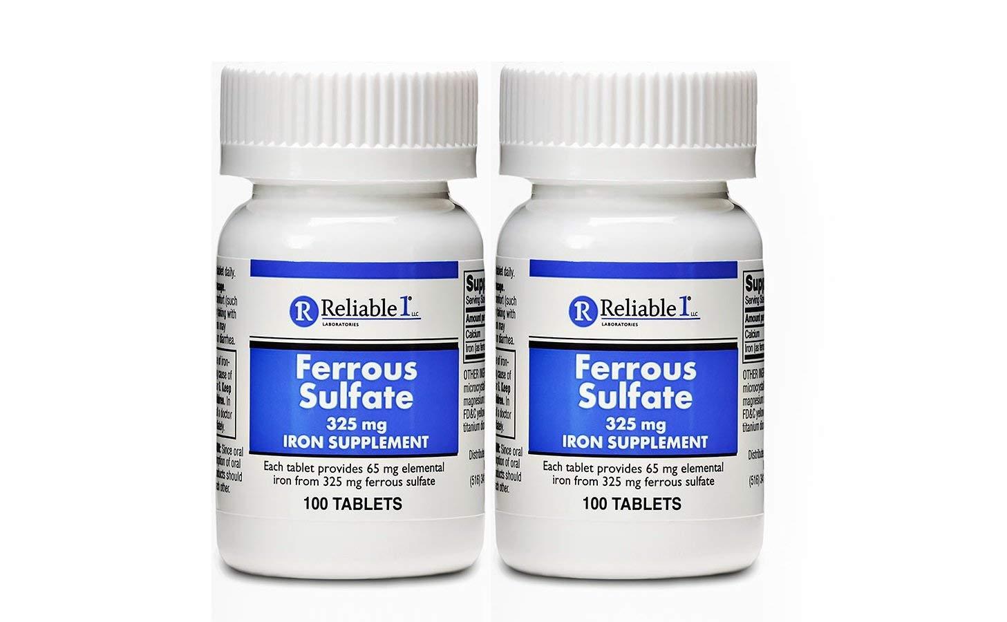 Reliable-1 Laboratories Ferrous Sulfate 325mg Iron Supplement (2-PACK) | Iron Pills | | 100 Iron Tablets per Bottle, 2-Pack