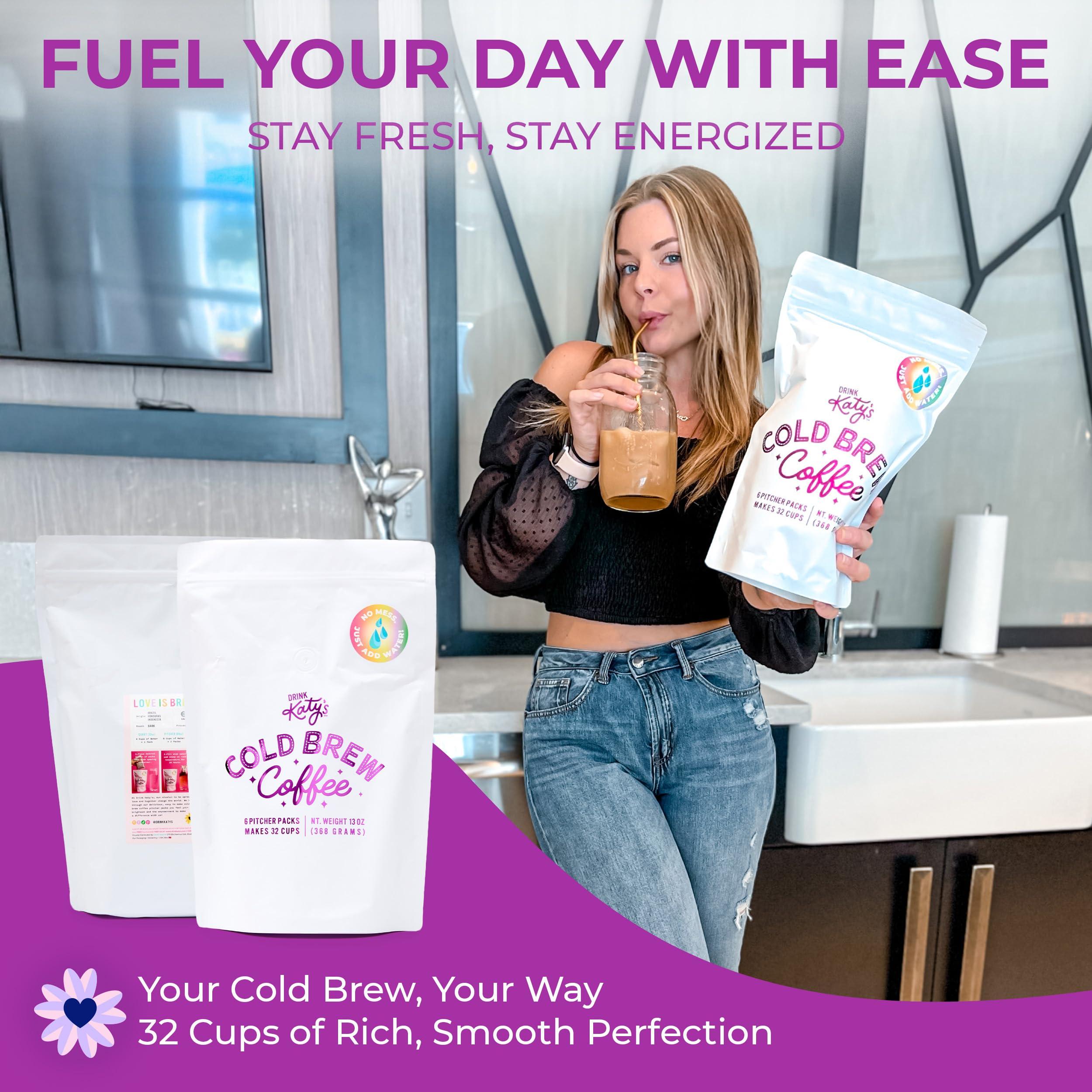 DRINK KATY'S Drink Katys Cold Brew Coffee Packs, 6 Large Ready-to-Brew Pitcher Packets, No More Messy Cold Brew, Smooth & Delicious Dark Roast Brazilian Craft Coffee, Proudly Woman-Owned (Makes 32 Servings) (6 Pack, Cold Brew)
