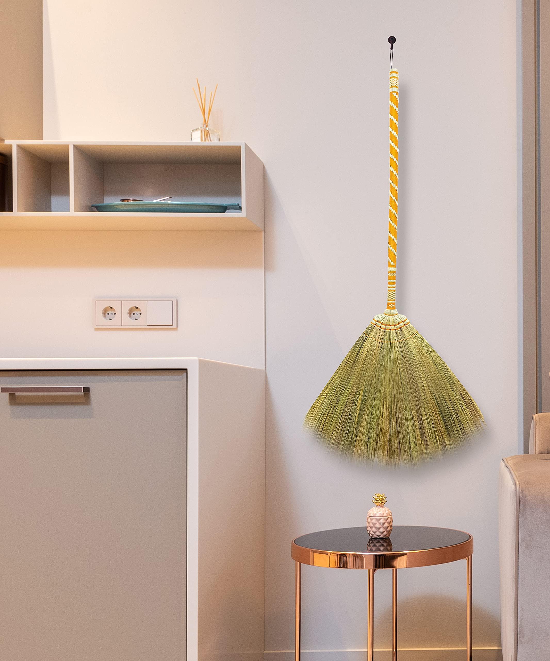 AW BROOMS Asian Straw Broom Thai for Cleaning Floor,Housewarming Gift,Thai Vintage Retro Grass Broom Stick, Hardwood Sweeper with Brush Power and Circle Cleaning ( Length 40 inch )