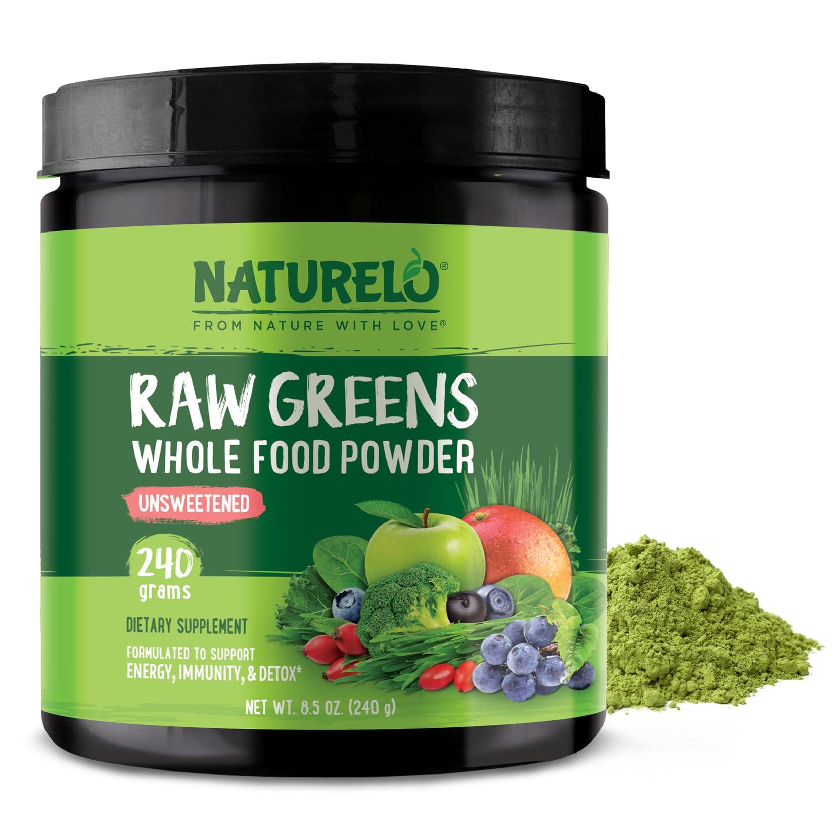 NATURELO NATURELO Raw Greens Superfood Powder - Unsweetened - Boost Energy, Detox, Enhance Health - Organic Spirulina - Wheat Grass - Whole Food Nutrition from Fruits and Vegetables - 240 Grams