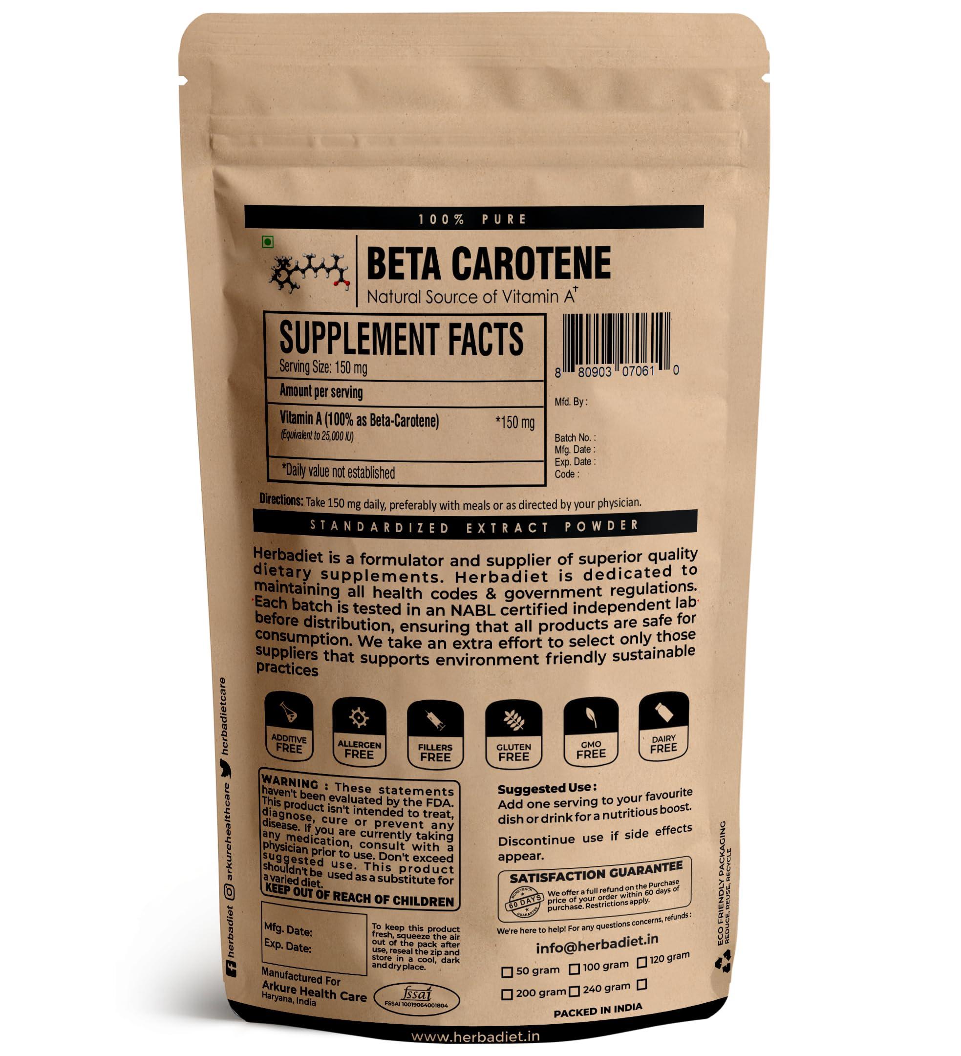 Herbadiet Beta Carotene 10% Vitamin A 25000 IU Powder | Immune System Support, Antioxidant Supplement | Cartenoids for Healthy Vision, Eyes & Skin | 100% Natural Betacarotene (1.76 oz - 50 gram)