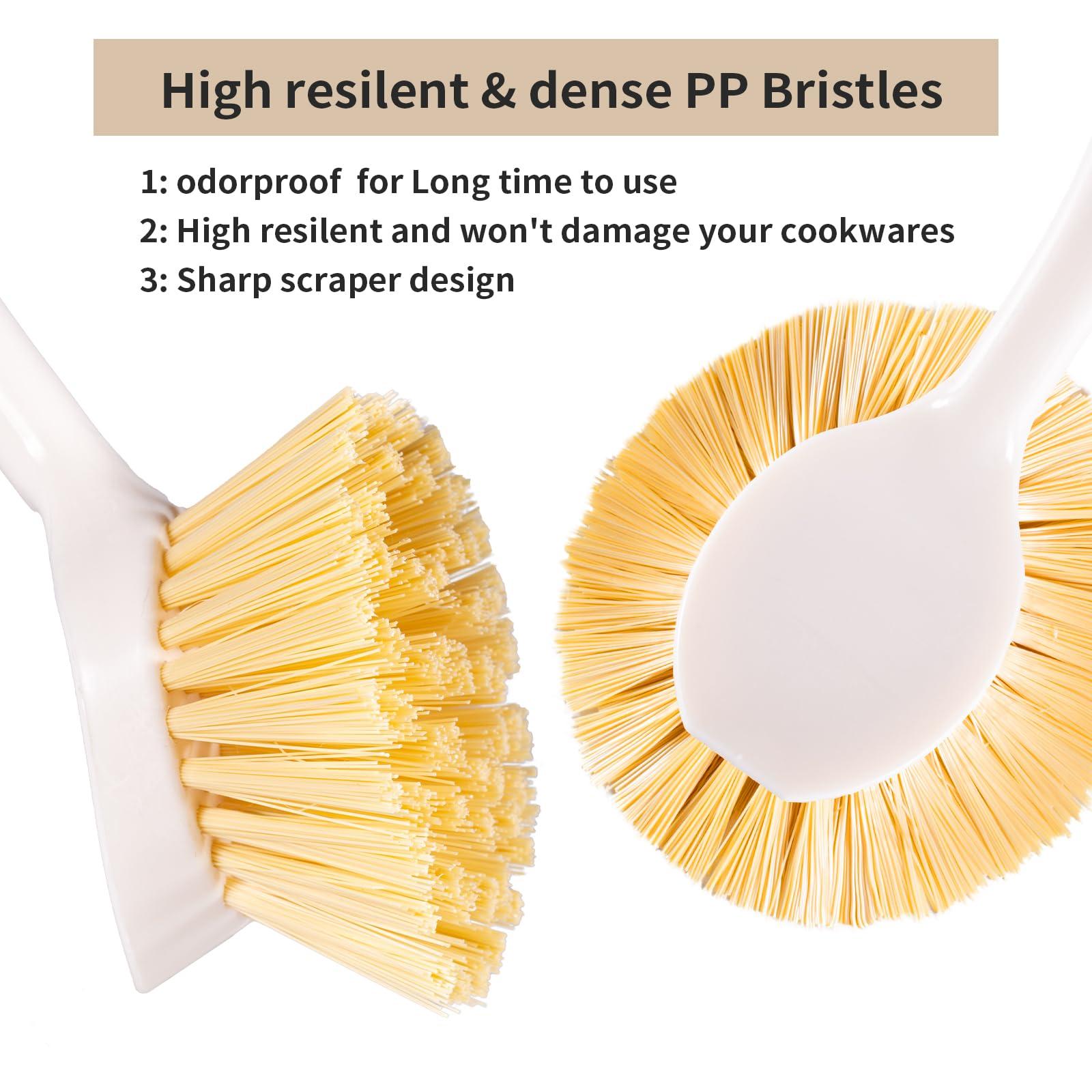 TEZZ Kitchen Dish & Cast Iron Brush with Scraper, [2 Pack] Skillet Scrub Cleaner with Handle, Kitchen Cleaning Scrubber for Dishes, Pots, Cast Iron Skillet, Non-Stick Frying Pans, Sinks and House Cleaning