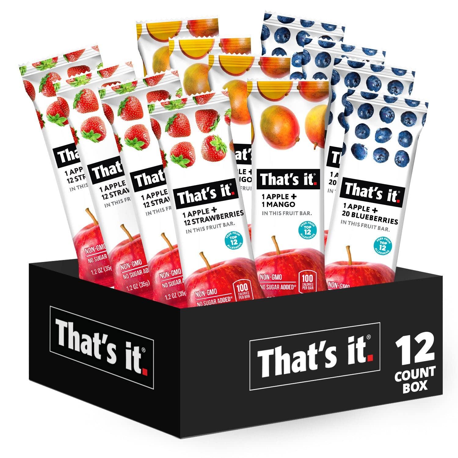 That's it. That's it. Variety Pack 100% Natural Real Fruit Bar, Best High Fiber Vegan, Gluten Free Healthy Snack, Paleo for Children & Adults, Non GMO No Added Sugar, No Preservatives Energy Food (12 Pack)