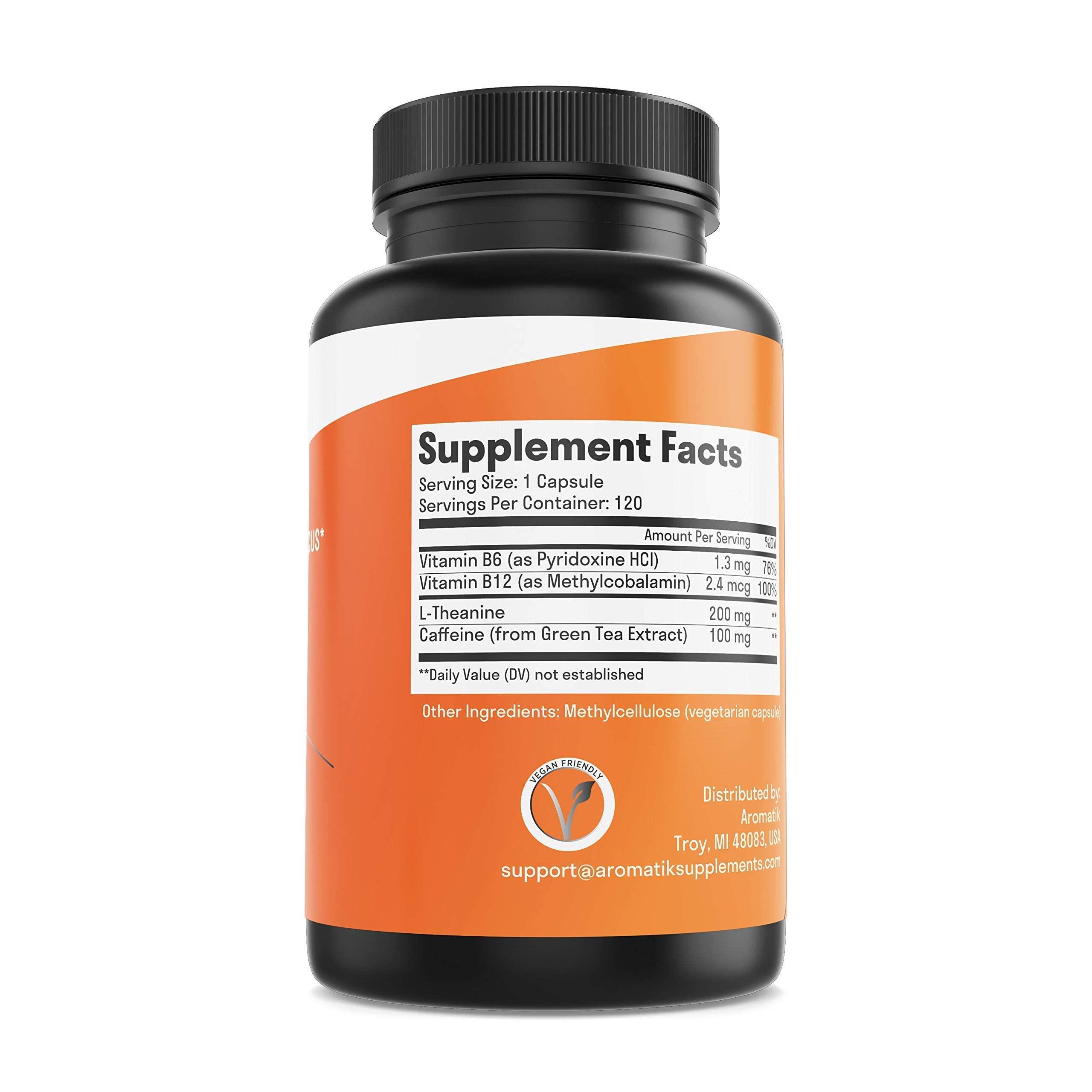 Aromatik Aromatik Caffeine L-Theanine Focus Supplement | Caffeine (100 mg) + L-Theanine (200 mg) + B Vitamins | Energy Focus Cognition | USA Made at FDA Registered Facility | Vegan Capsules | 120 Servings