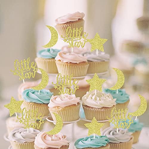 ZHUOWEISM 24 PCS Little Star Cupcake Toppers with Moon Gold Glitter Star Cupcake Picks Baby Shower Kids Birthday Party Cake Decorations Supplies