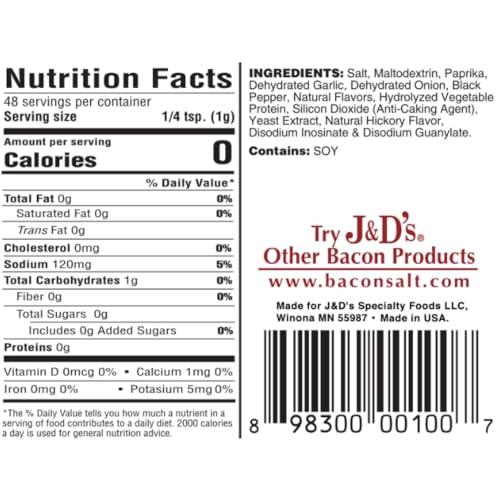 J & D Foods J&D\'s Bacon Salt, Original, 2.6 Ounce, Bacon-Flavored Seasoning Salt, Vegan, Vegetarian, Kosher