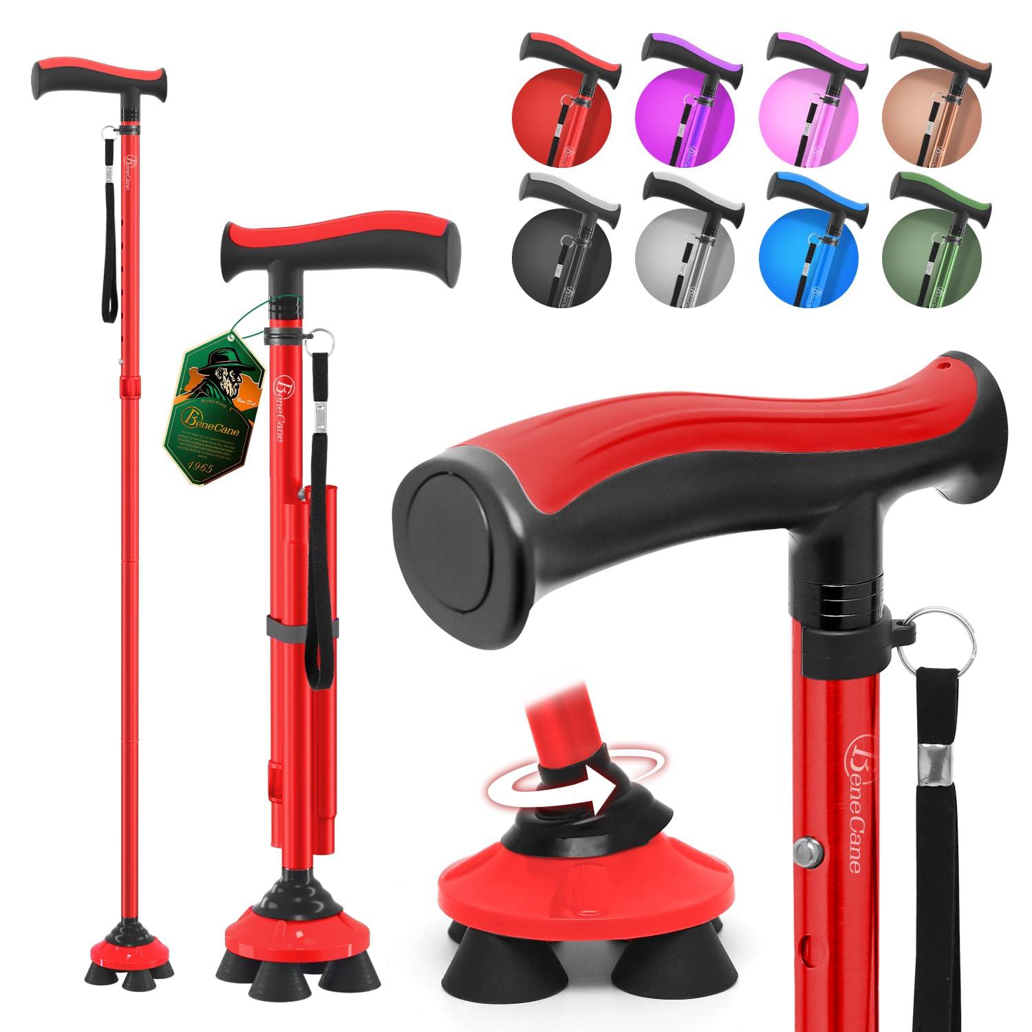 BeneCane BeneCane Walking Cane for Men & Women Walking Stick for Seniors Folding Canes Quad Cane Adjustable Lightweight Sturdy Collapsible Heavy Duty with Soft TPR T-Handle and Travel Bag