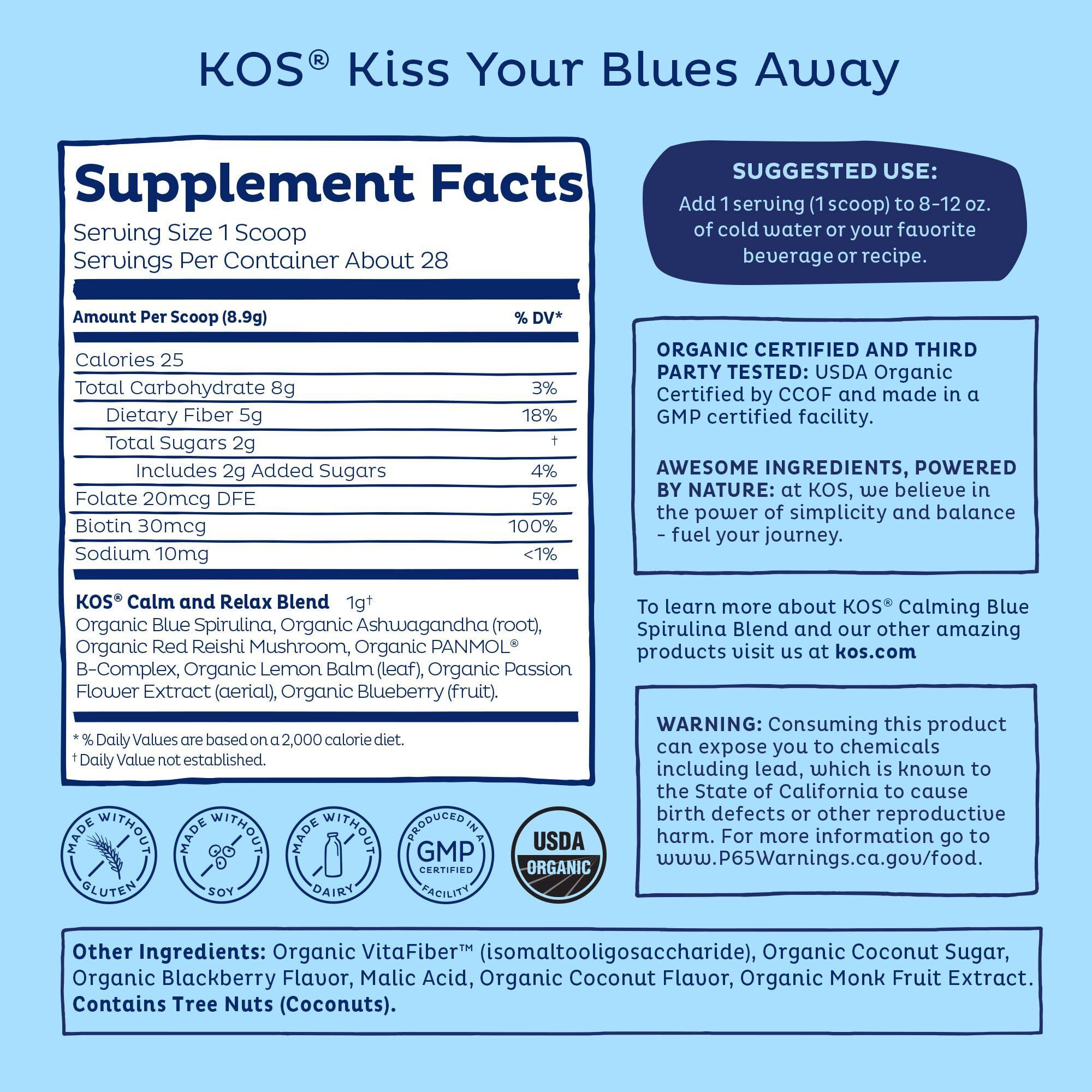 KOS KOS Calming Blue Spirulina Blend- USDA Certified Organic - Algae Superfood Powder with Ashwagandha Root, Lemon Balm, Reishi Mushroom, B Vitamins - Berry Coconut Cooler Flavor, 28 Servings