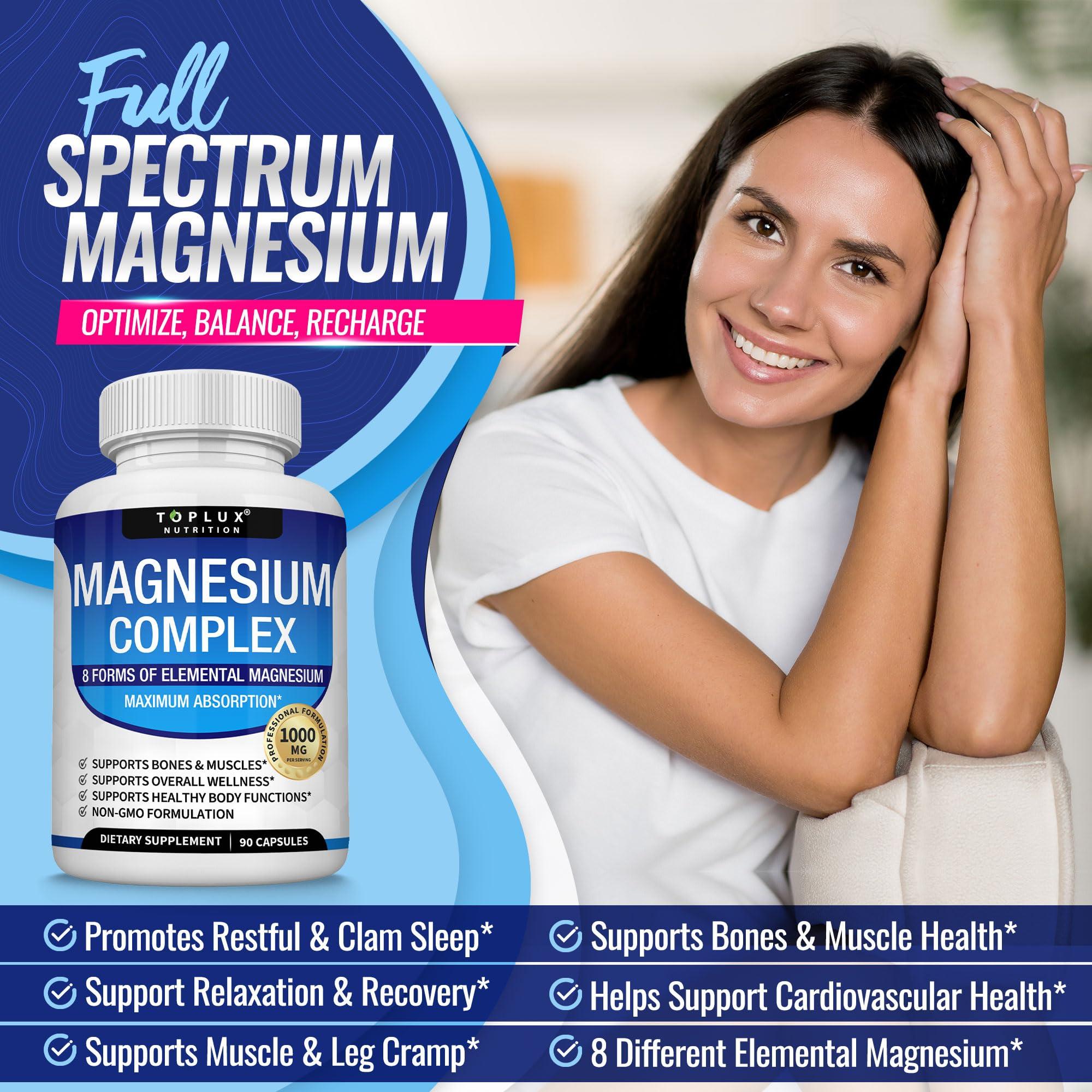 Toplux Magnesium Complex Supplement 8 Elemental Magnesium 1000mg - Magnesium Glycinate, Citrate, Malate, Taurate, Chelated for Easy Absorption for Bones, Muscle, Recovery, Energy, Vegan Non-GMO 90 Capsules
