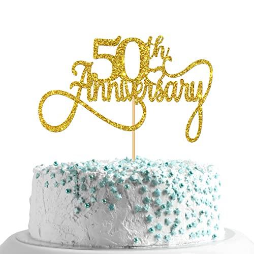 MonMon & Craft Gold Glitter 50th Anniversary Cake Topper / Happy 50th Birthday Cake Topper / 50th Wedding Anniversary Birthday Theme Party Decorations
