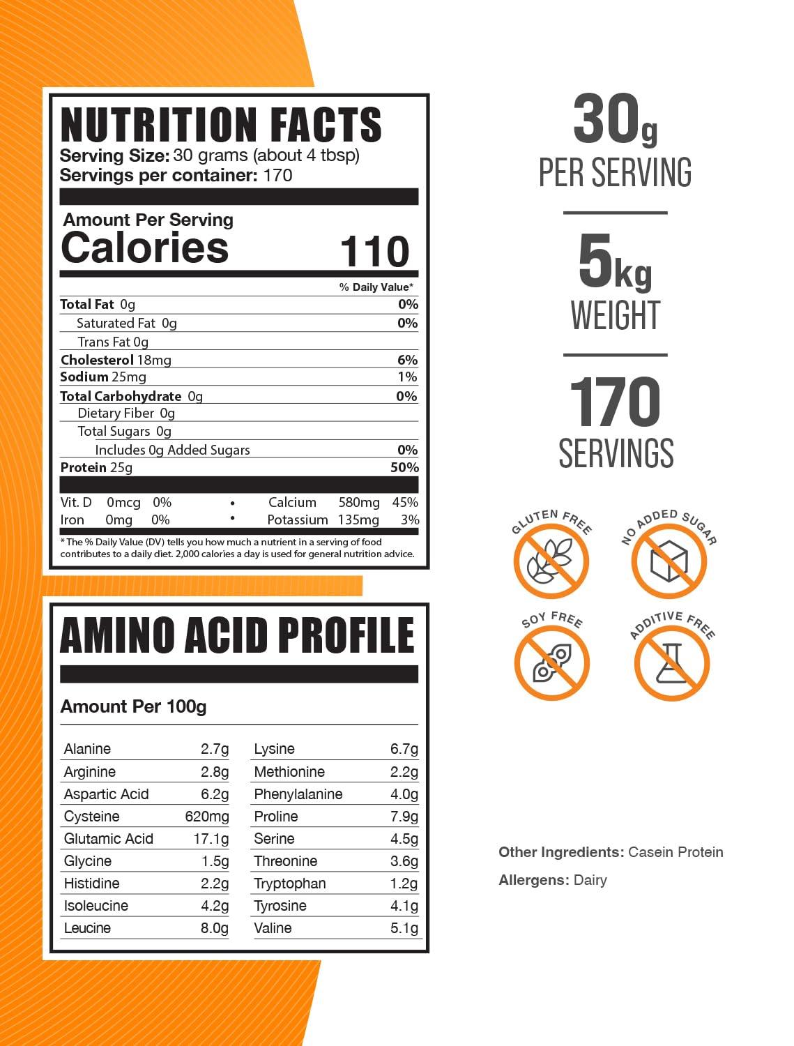 BulkSupplements BulkSupplements.com Casein Protein Powder - Micellar Casein Powder, Protein Powder Casein, Casein Powder - Gluten Free & Soy Free, 30g per Serving, 5kg (11 lbs) (Pack of 5)