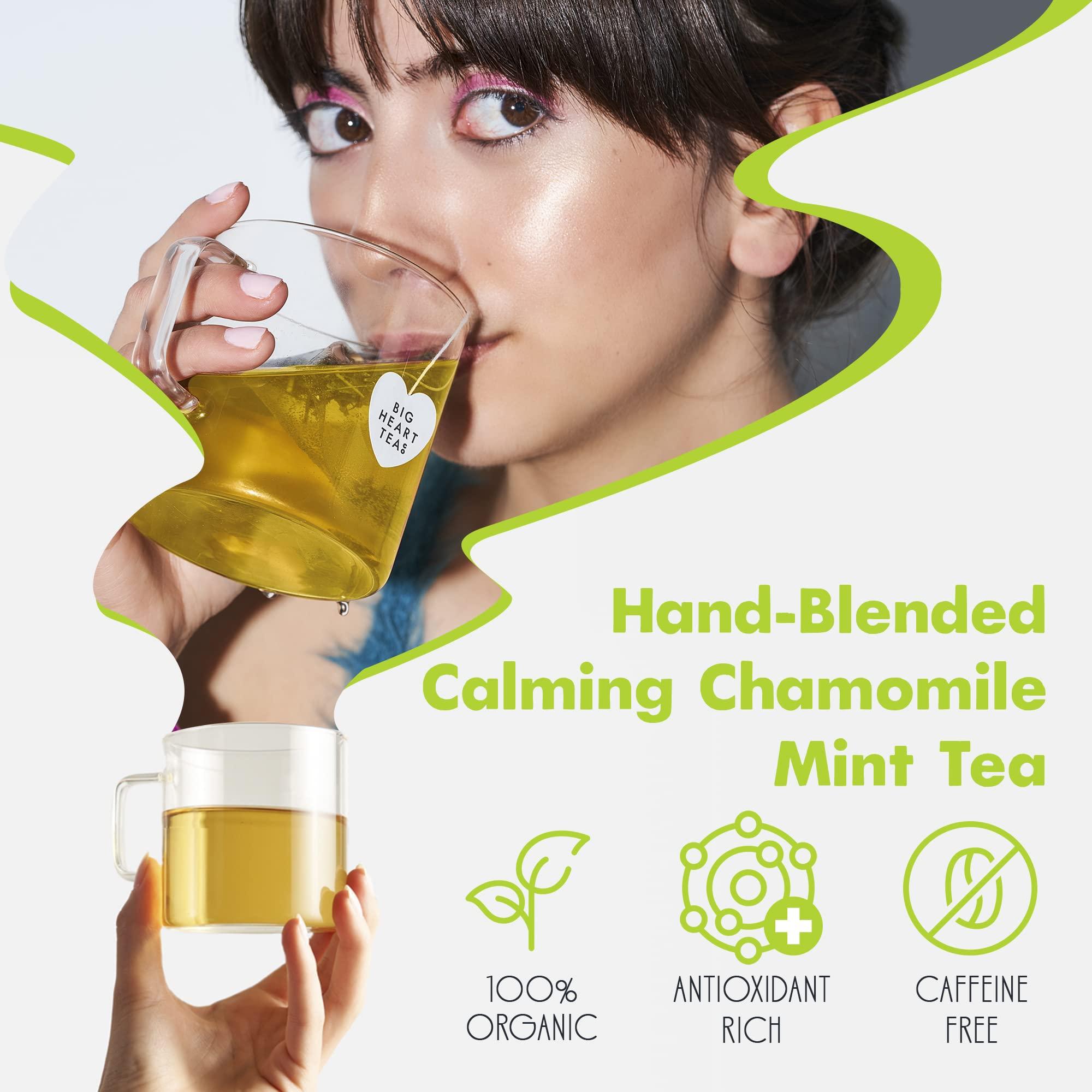 Big Heart Tea Co. Big Heart Tea Co. Tea Bags - Chamomile Mint - Certified Organic, Calming Herbal Decaf Tea in Zero Plastic Sachets with Small Batch Ground Herbs - Spearmint and Lemongrass, 10 Tea Bags