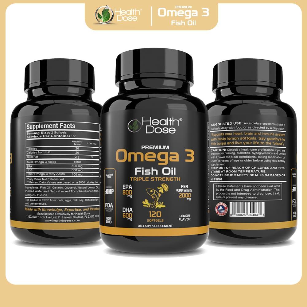 Health Dose Health Dose Omega 3 Fish Oil  Lemon-Flavored Softgels with EPA & DHA for Brain, Heart, and Wellness Support  Easy-to-Digest, No Fish Burps  120 Softgels, 2-Month Supply