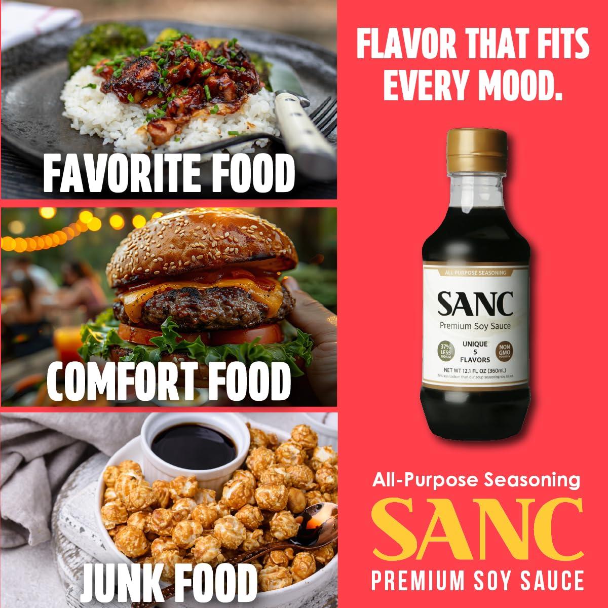 Shinangchon SANC All Purpose Korean Soy Sauce, 12.2 Fl Oz (Pack of 3) A Must-Have for Every Pantry, Low-Sodium Salt Substitute, NON-GMO Bean, No Artificial Additives, Naturally Brewed with Music Fermentation