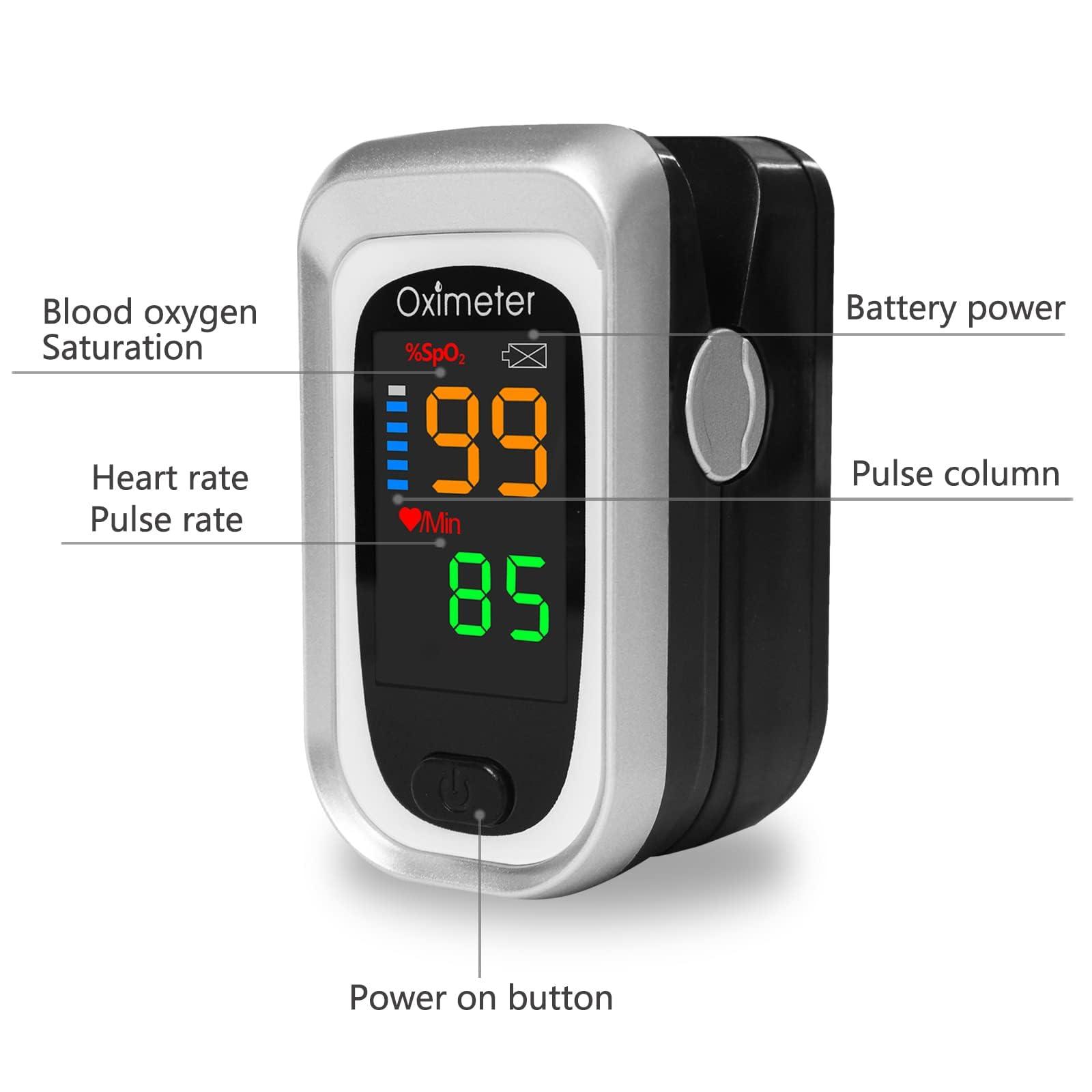 CRFISH Pulse Oximeter Fingertip, Heart Rate Monitor with Large LED Display, Blood Oxygen Saturation Monitor for Adults and Kids, Accurate Fast SPo2 Reading Oxygen Meter with Lanyard (Black-Silver)