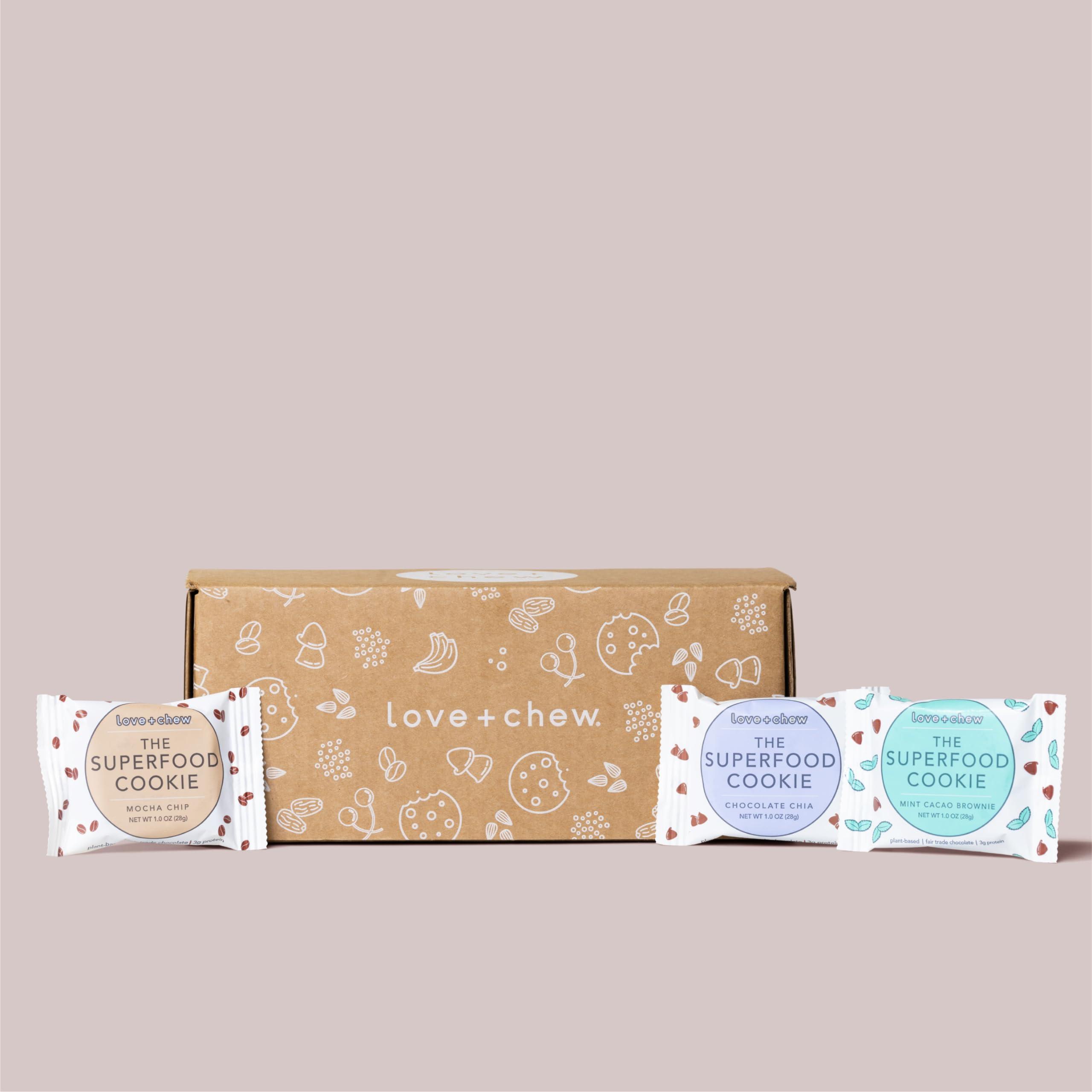 Love + Chew Love + Chew Soft Baked Protein Cookies, Gluten Free | (18) Count Chocolate Lover Minis Variety Pack | Vegan, Paleo, Non GMO and Packed with Superfoods. - Individually Wrapped, and Made from High Protein Almonds