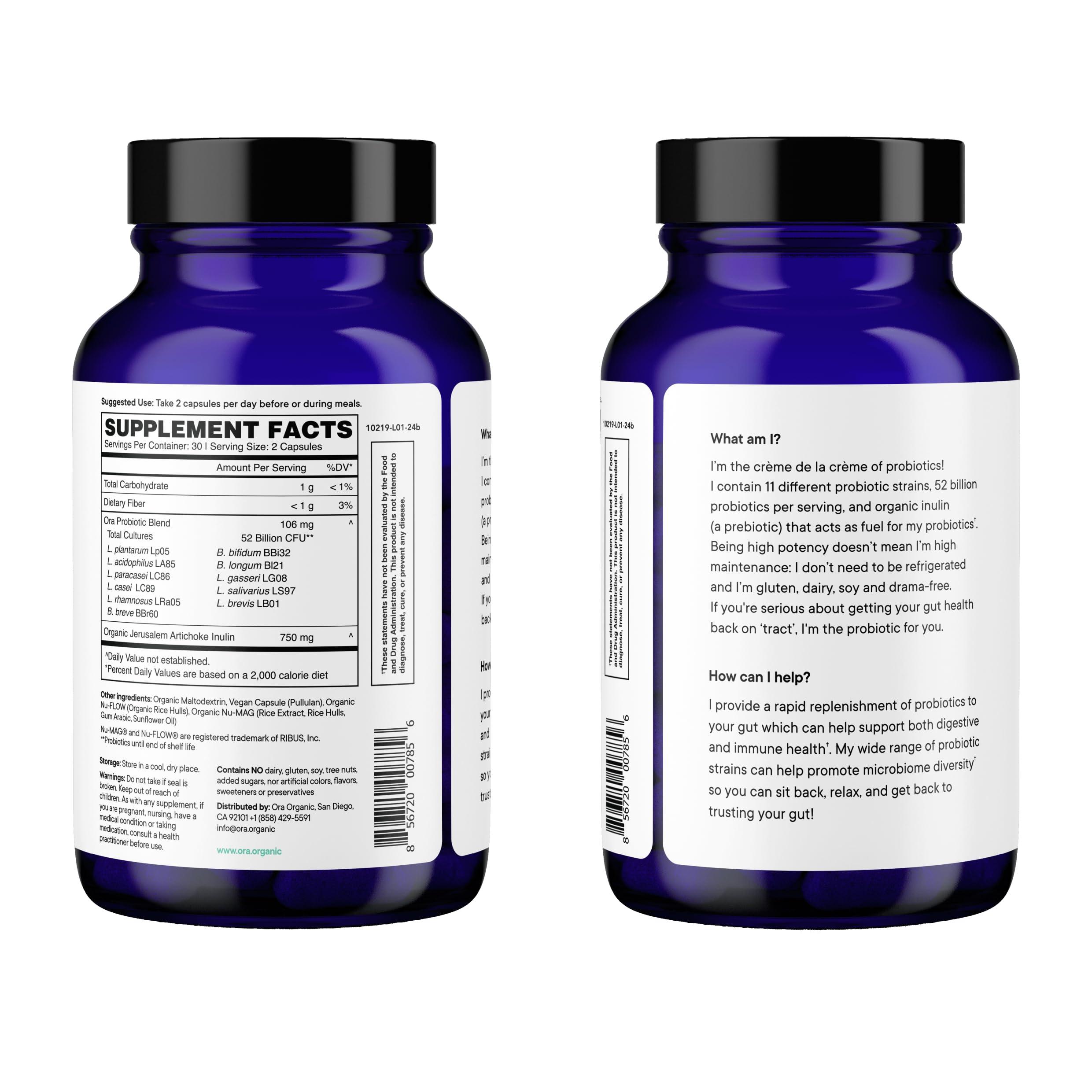 Ora Organic Ora Organic Probiotics with Prebiotics - 52 Billion CFU 11 Clinically Studied Strains for Digestive Health, Trust Your Gut, Gluten Free, 60 Capsules