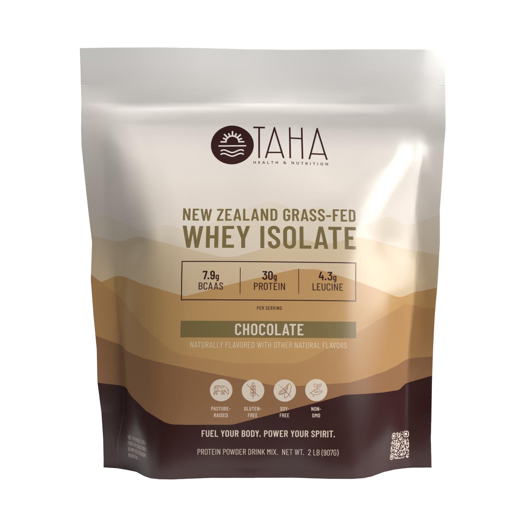 Taha Health & Nutrition Taha Health & Nutrition Chocolate Whey Protein Isolate Powder, 30g Protein, 7.9g BCAAs, 4.3g Leucine | New Zealand Free-Range, Grass-Fed Dairy | Gluten-Free, Keto, Kosher | 2LB, ~24 Servings
