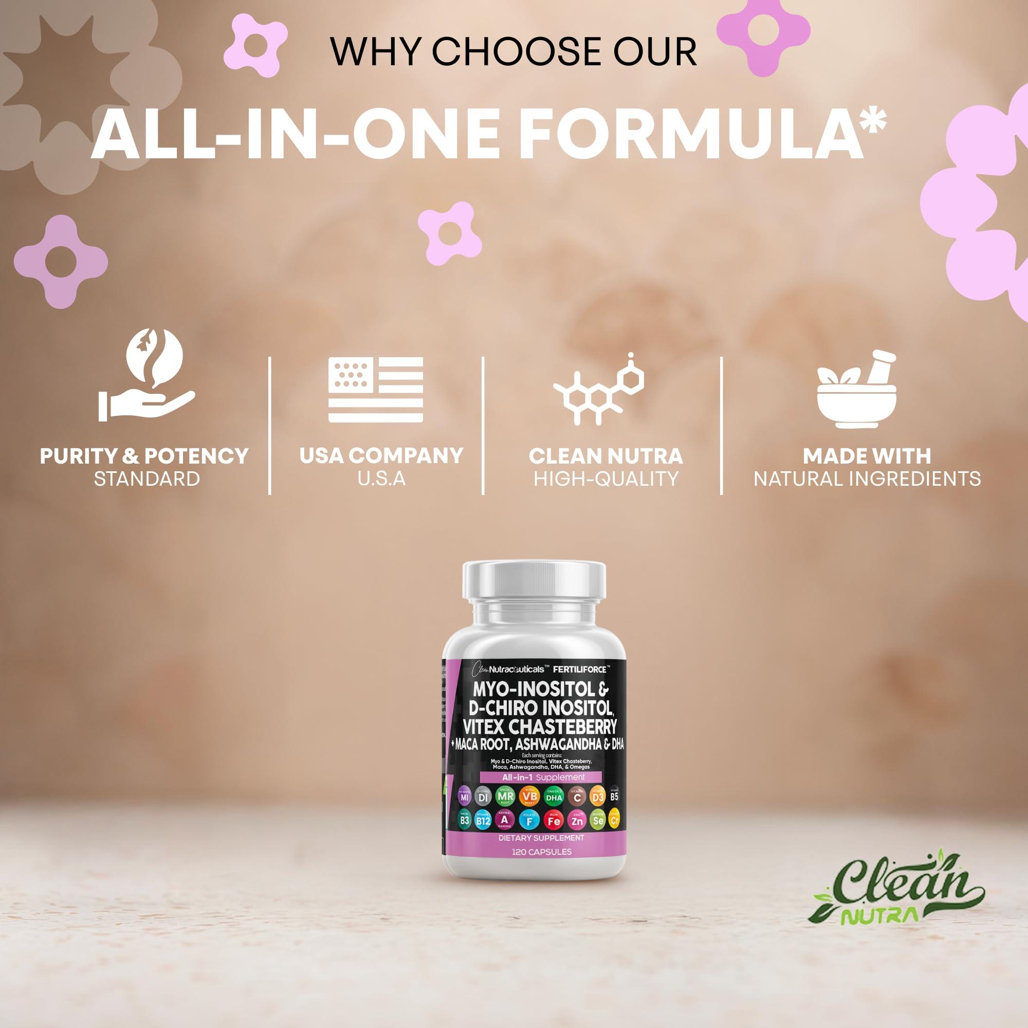 Clean Nutraceuticals Myo-Inositol & D-Chiro Inositol 2050mg Fertility Supplement 40:1 Ratio - Prenatal Vitamins for Women with Ashwagandha Maca Root Vitex Chasteberry Iron DHA Folic Acid DIM Zinc - 2Pack