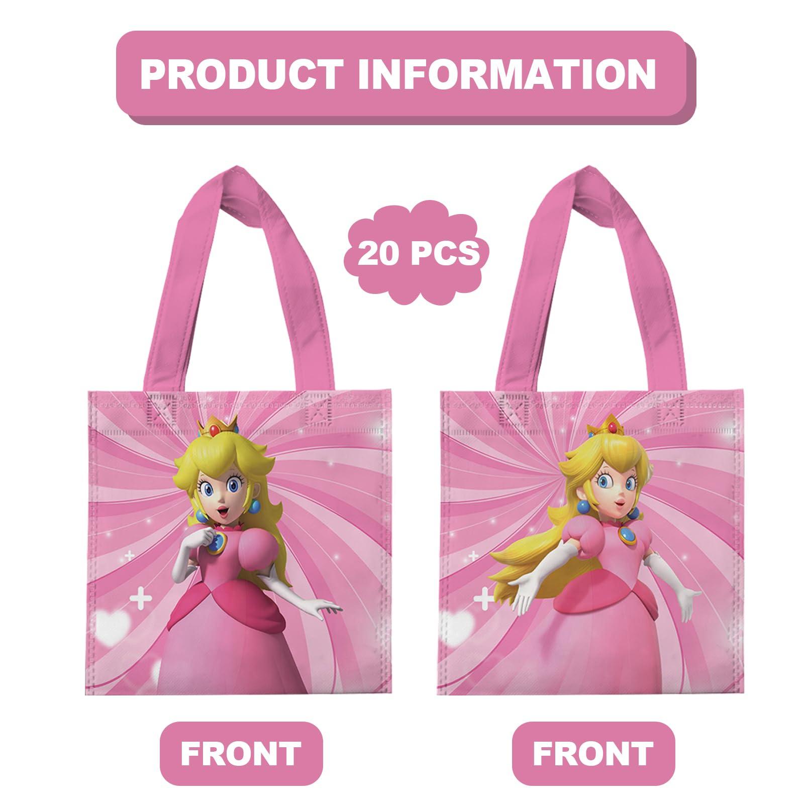 YOPENMOUNE 20 Pcs Mario Princess Peach Favor Bags, Treat Candy Goodie Gift Non-woven Bags Reusable for Super Bros Princess Peach Birthday Party Supplies Baby Shower Princess Peach Theme Party Decorations