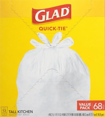 Glad Glad Tall Kitchen Quick-Tie Trash Bags, 13 Gallon, White, 68 Count, Pack May Vary (Pack of 2)