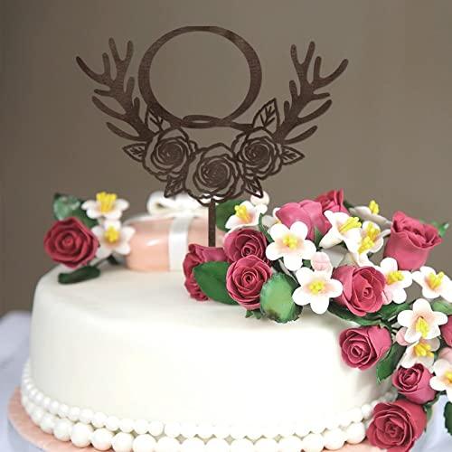 Vinisong Initials Q Cake Toppers, Vinisong Letter Cake Topper Brown Wood Wreath Cake Decorations Monogram Cake Topper Rustic Wedding Cake Decor(Q,Design 11)
