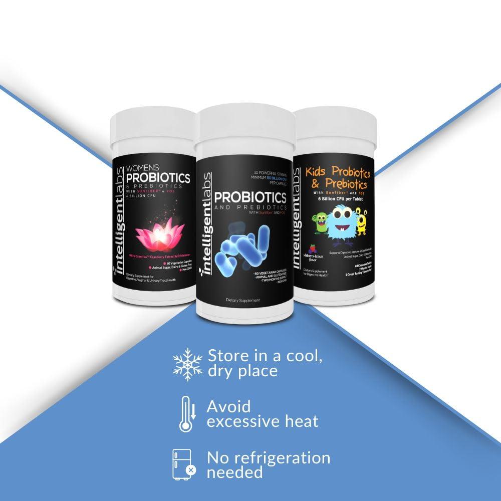 Intelligent Labs Intelligent Labs 3-in-1 Probiotics with Prebiotics Bundle for The Whole Family: Kids + Adult 50 Billion CFU + Womens Probiotics, No Refrigeration Needed, 2 Months Supply Per Bottle