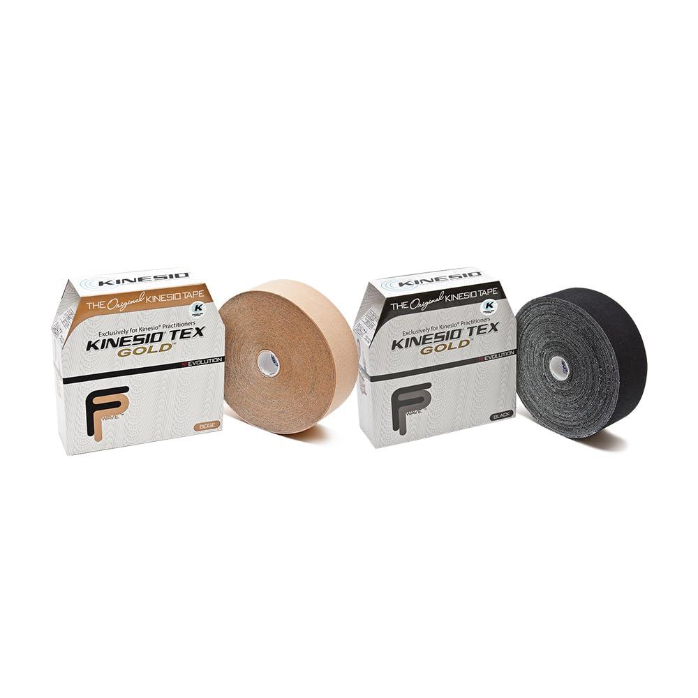 Kinesio Kinesio Taping - Elastic Therapeutic Athletic Tape Tex Gold FP - Bulk Roll Bundle - Beige & Black 2 in. x 103 ft Each Roll