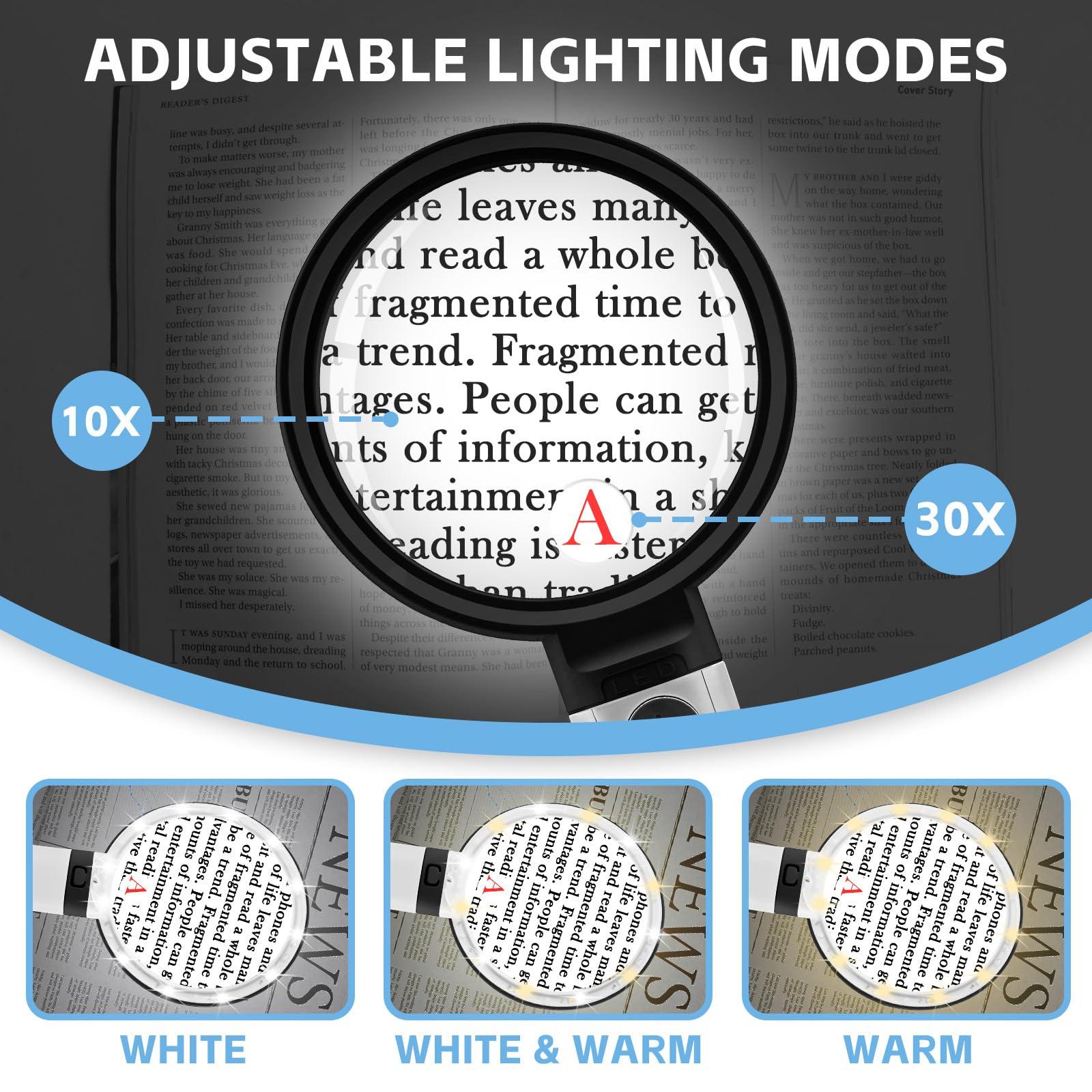 HQGZQL 30X 10X Large Magnifying Glass with Light and Stand Lighted Magnifying Glass with 12 LEDs 3 Adjustable Light Mode Handheld Magnifier for Low Vision Seniors Small Prints Reading Coins (Dark Black)