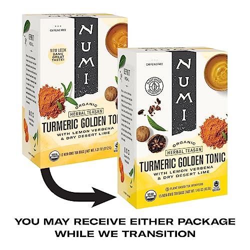 Numi Numi Organic Golden Tonic Turmeric Tea, 15 Tea Bags (Pack of 3) With Lemon Verbena & Lime, Caffeine Free, Packaging May Vary