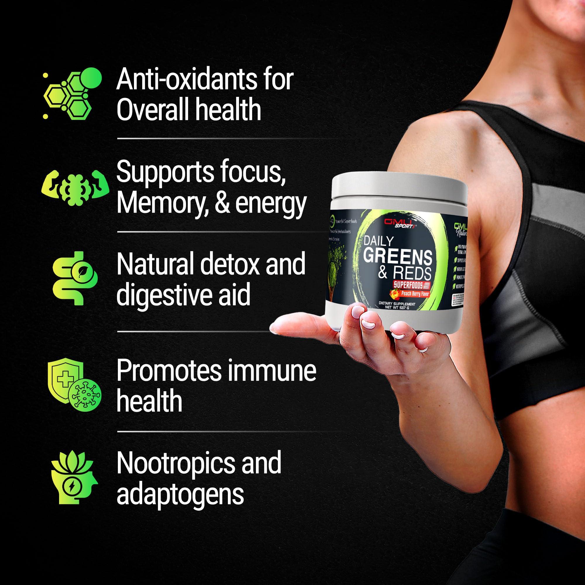 GMU SPORT GMU SPORT Greens and Reds Superfood Powder - Reds and Greens Powder Supplement with 42 Superfoods, Antioxidants, Adaptogen and Probiotics for Digestive Health and Mental Focus - Peach Berry