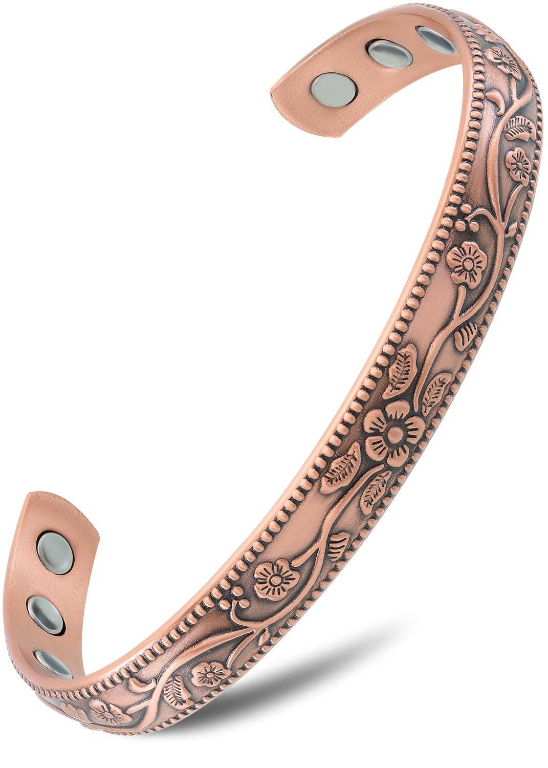 MagnetRX MagnetRX Women\'s Copper Bracelet Effective 99.9% Pure Copper Magnetic Bracelets for Women Adjustable Womens Copper Cuff Bracelet Bangle (Floral Style)