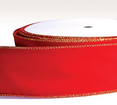 OLYPHAN Red Velvet Ribbon Velvet Christmas Ribbon Red Wired 50 Yards/2.5 (2 1/2) Inch Wide w. Gold Trim Wire-Edge: Valentine, Xmas Gift Wrap, Christmas Tree Bows / Outdoor/ Wire Ribbons for Crafts/Gifts