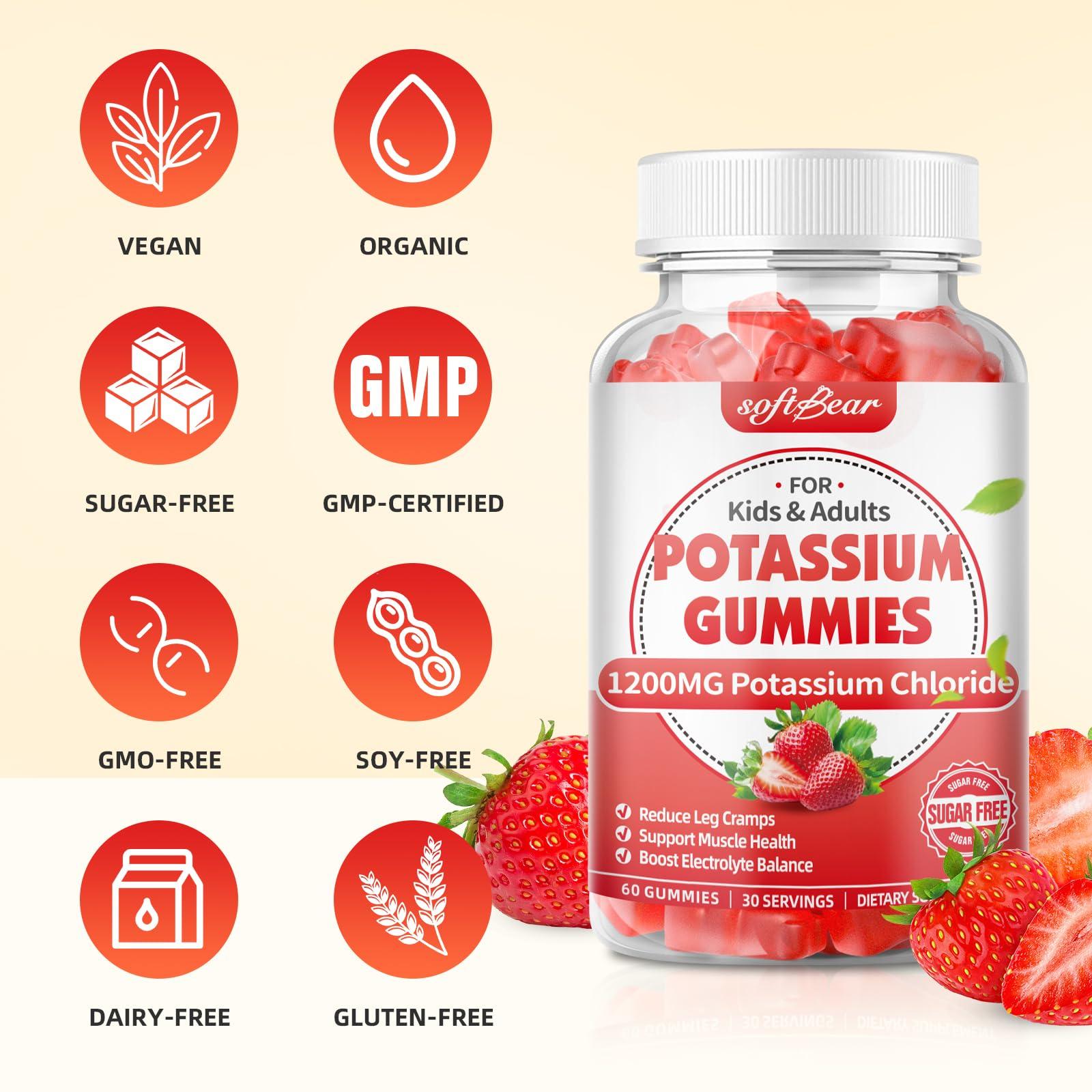 softbear softbear Potassium Gummies for Adults, Sugar Free Potassium Chloride Gummies 1200mg Support Leg Cramps & Electrolyte Balance High Potency Potassium Supplement Gummies Strawberry Flavor 60 Count