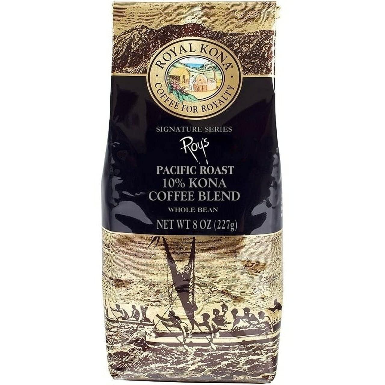 ROYAL KONA COFFEE FOR ROYALTY Royal Kona 10% Kona Coffee Blend, Roy's Pacific Roast, Whole Bean, 8 Ounce Bag