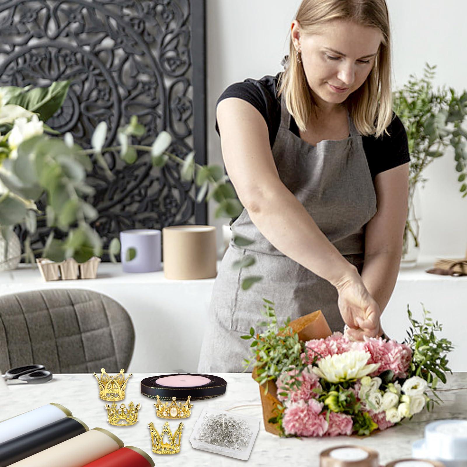 WUEURU WUEURU 195PCS Flower Wrapping Paper Bouquet Kit, Crowns and 3D Butterflies Flower Bouquets Waterproof Roses Wrapping Paper Sheets Diamond Pins Ribbon Bouquet Supplies Florist Wrap