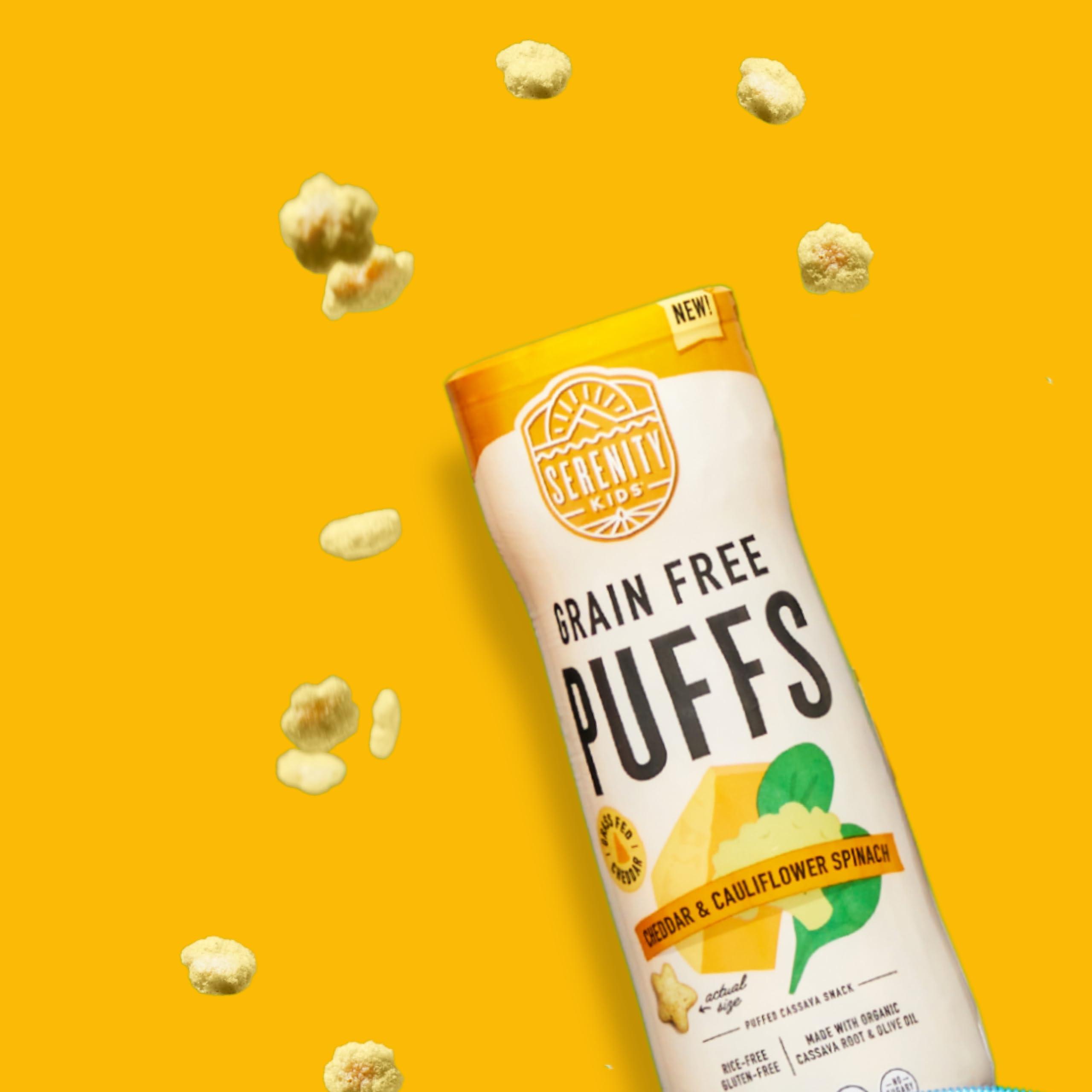 Serenity Kids Serenity Kids 6+ Month Grain-Free Toddler & Baby Puffs - No Sugar, Gluten & Rice - BPA & Allergen-Free - With Organic Cassava, Veggies & Herbs, White Cheddar & Cauliflower - 6 Count