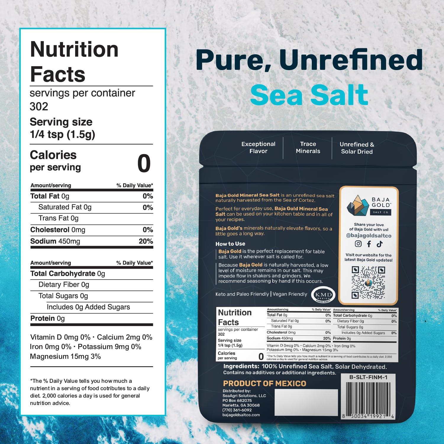 Baja Gold Baja Gold Mineral Sea Salt - Pure & Organic Authentic Salt for Cooking & Baking | Fine Grind Sea Salt - Low Sodium | Natural Baja Salt - Ideal for All Culinary Uses | 1 lb. Resealable Bag, 300+ Servings